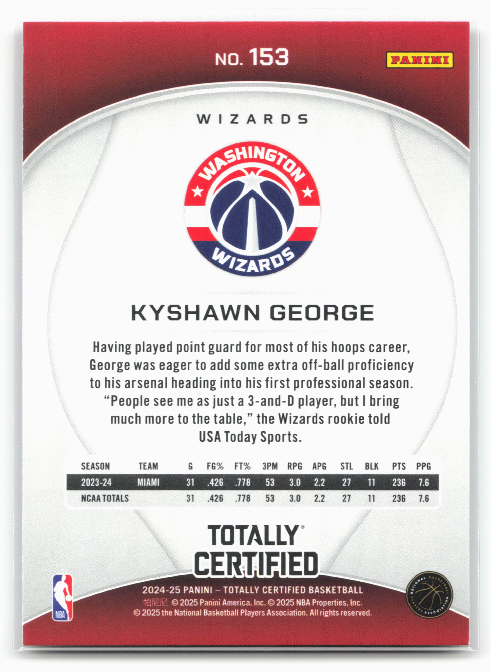 2024-25 Panini Totally Certified #153 Kyshawn George NM