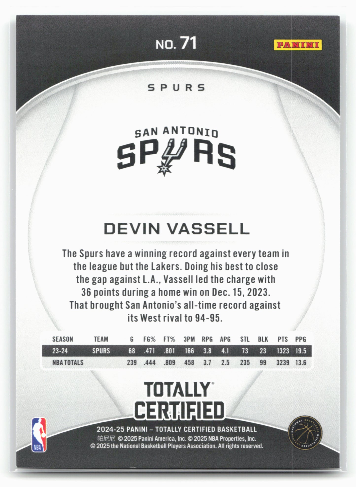 2024-25 Panini Totally Certified #71 Devin Vassell NM