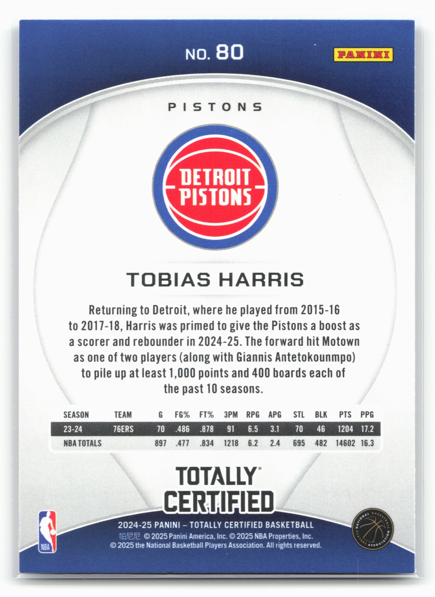 2024-25 Panini Totally Certified #80 Tobias Harris NM