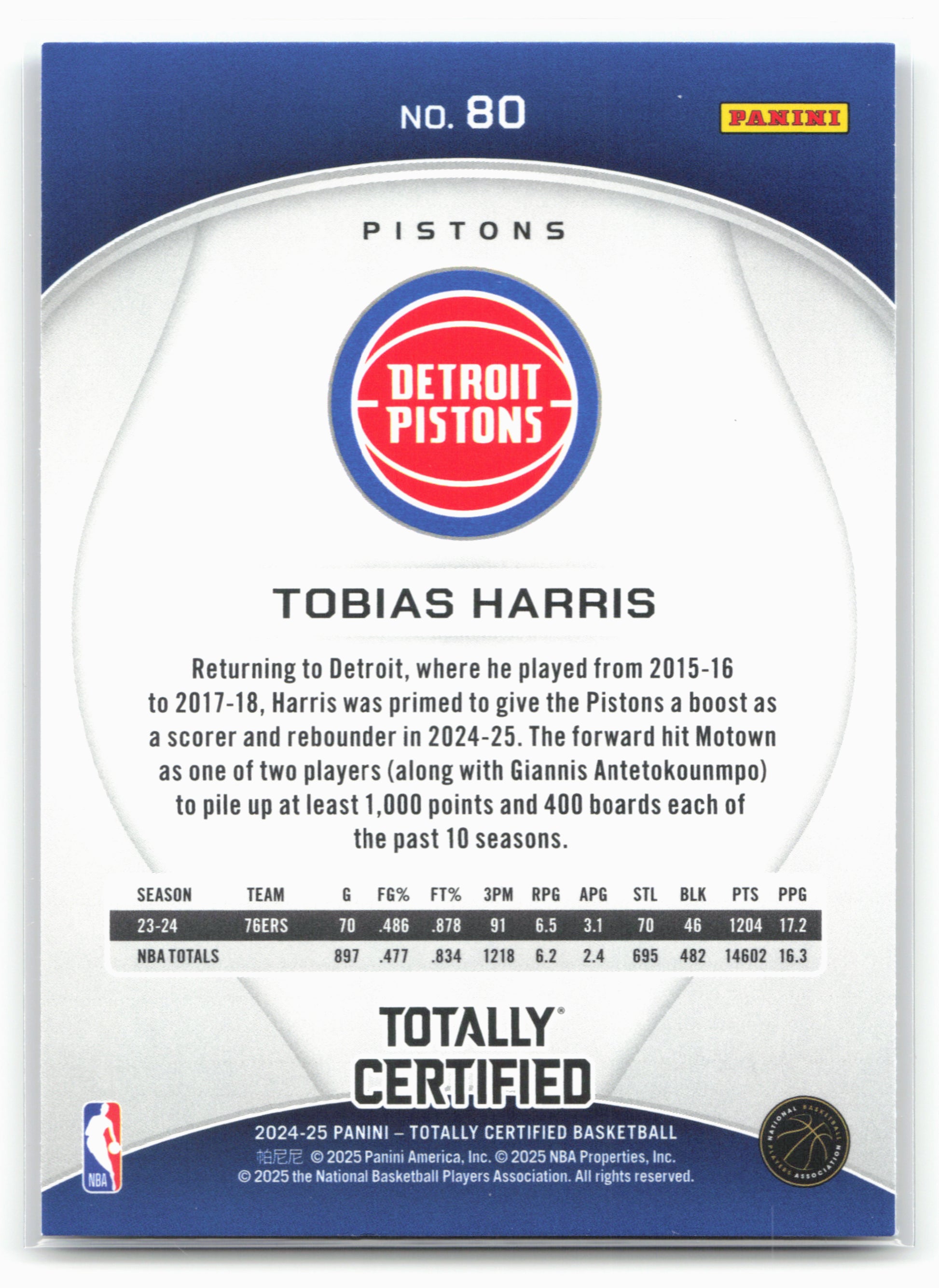 2024-25 Panini Totally Certified #80 Tobias Harris NM
