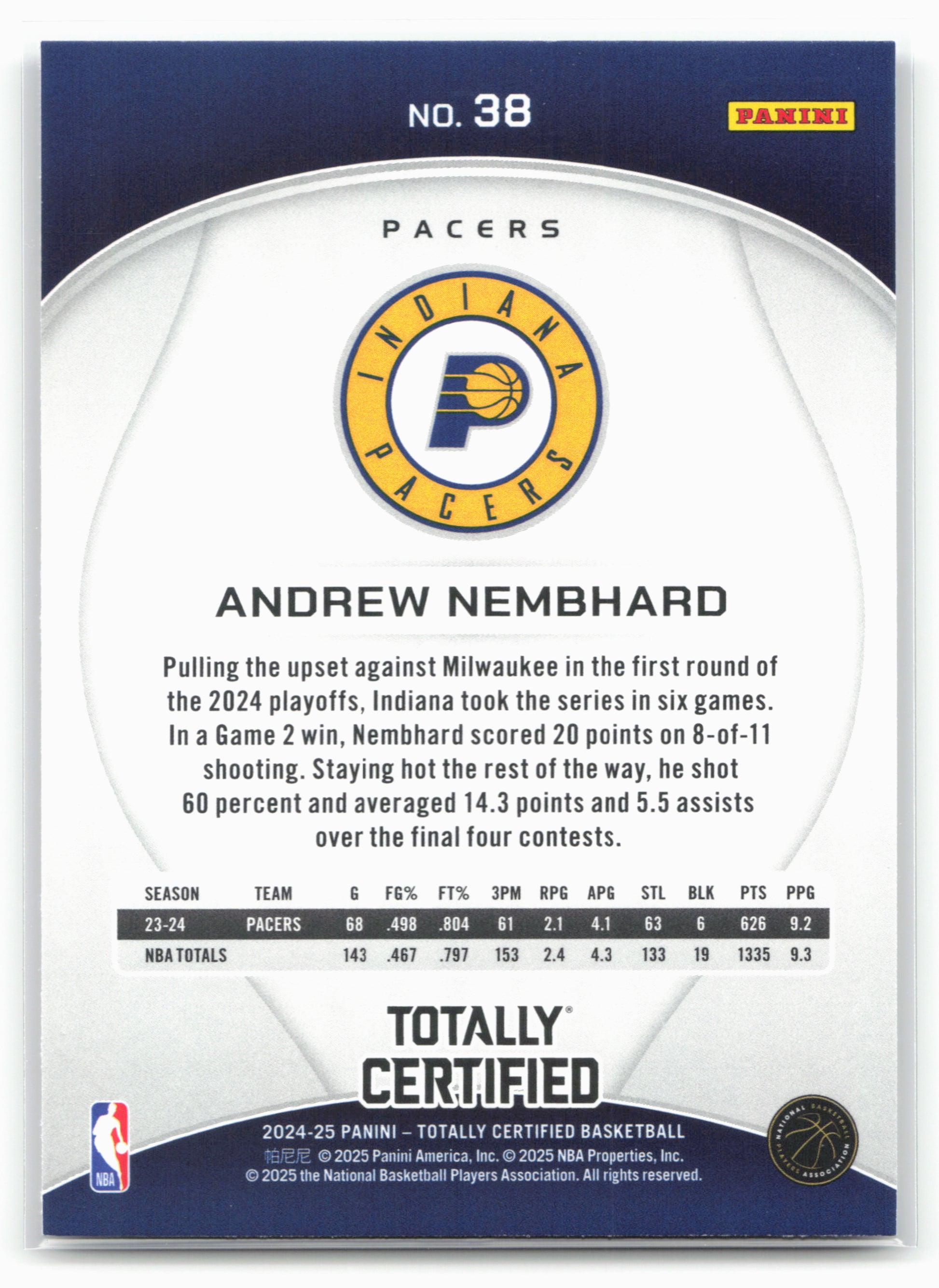 2024-25 Panini Totally Certified #38 Andrew Nembhard NM