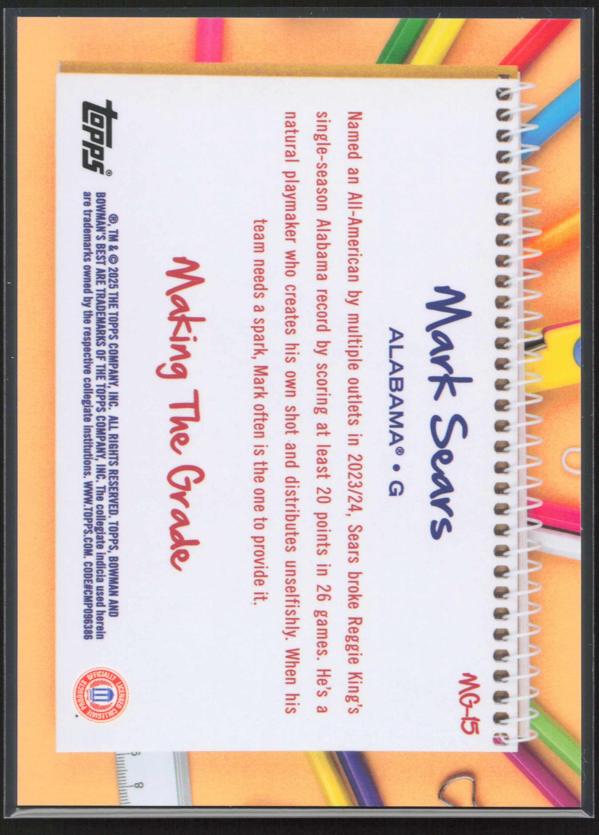 2024-25 Bowman's Best University #MG-15 Mark Sears Making the Grade Black #/10