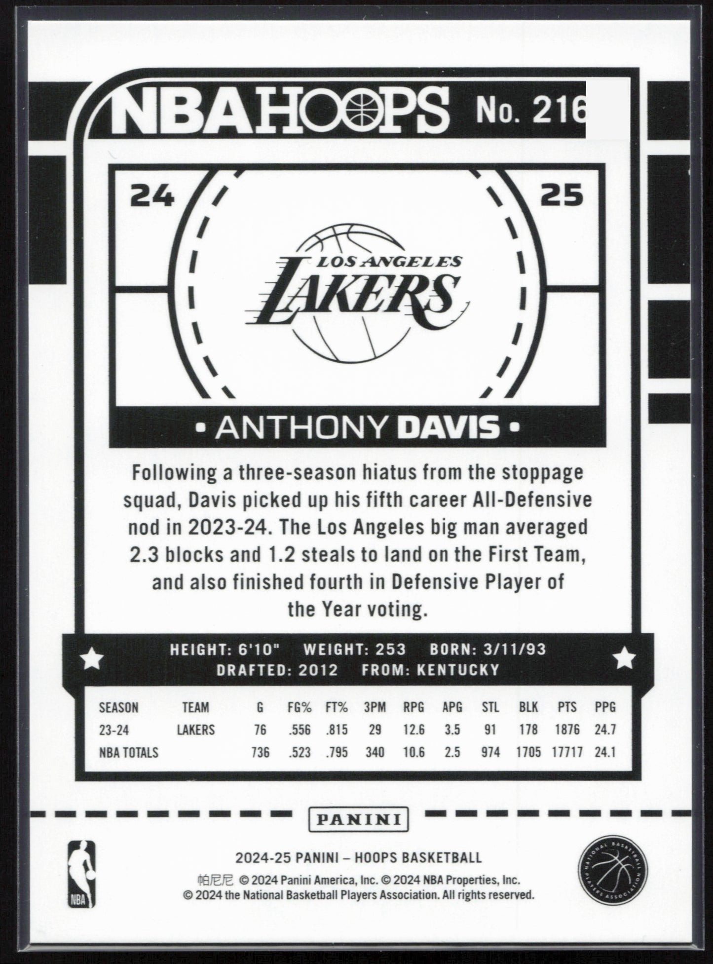 2024-25 Hoops #216 Anthony Davis Artist Proof #/25