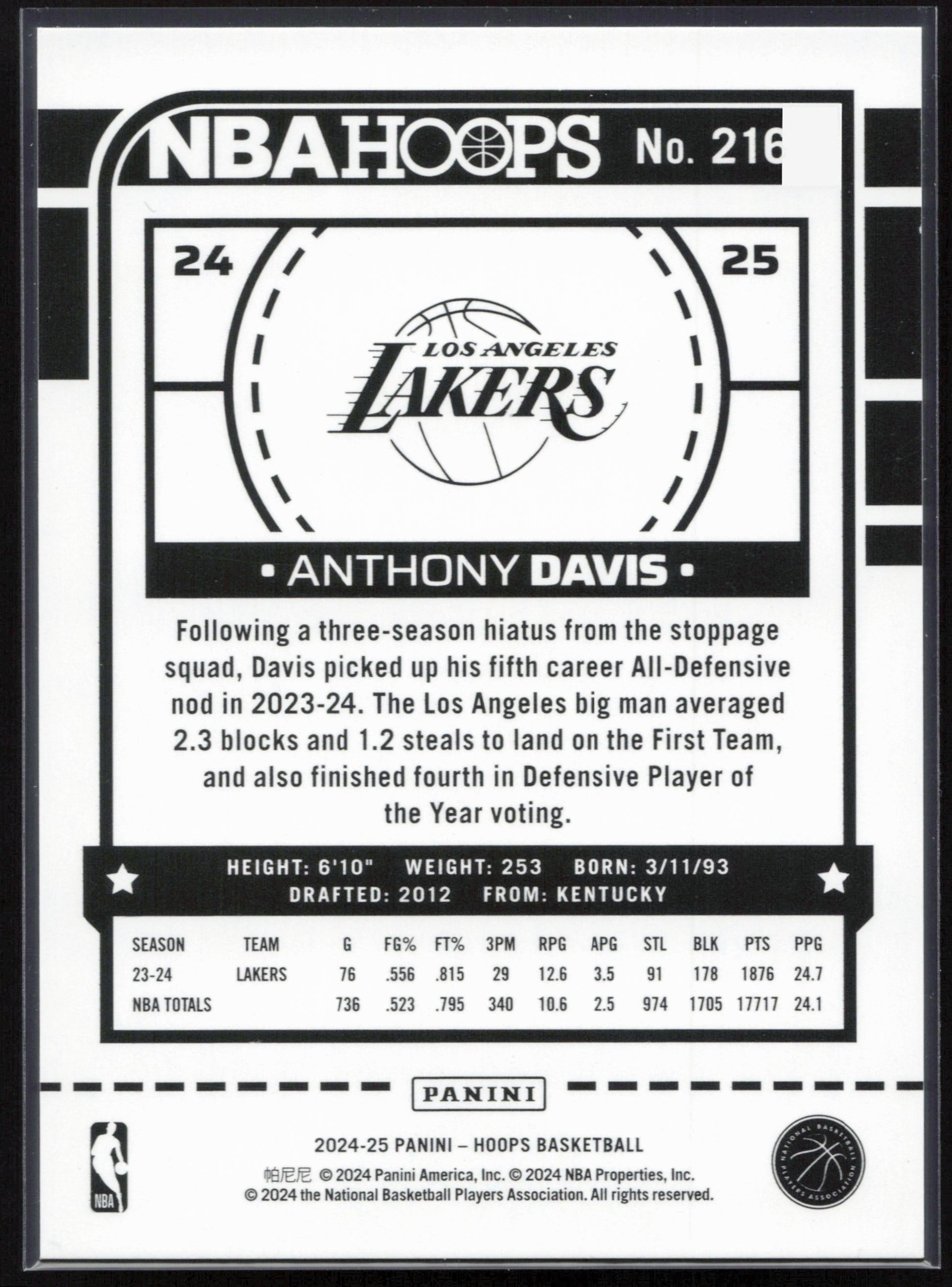2024-25 Hoops #216 Anthony Davis Artist Proof #/25