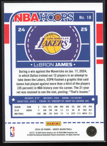 
2024-25 Hoops #18 LeBron James Premium