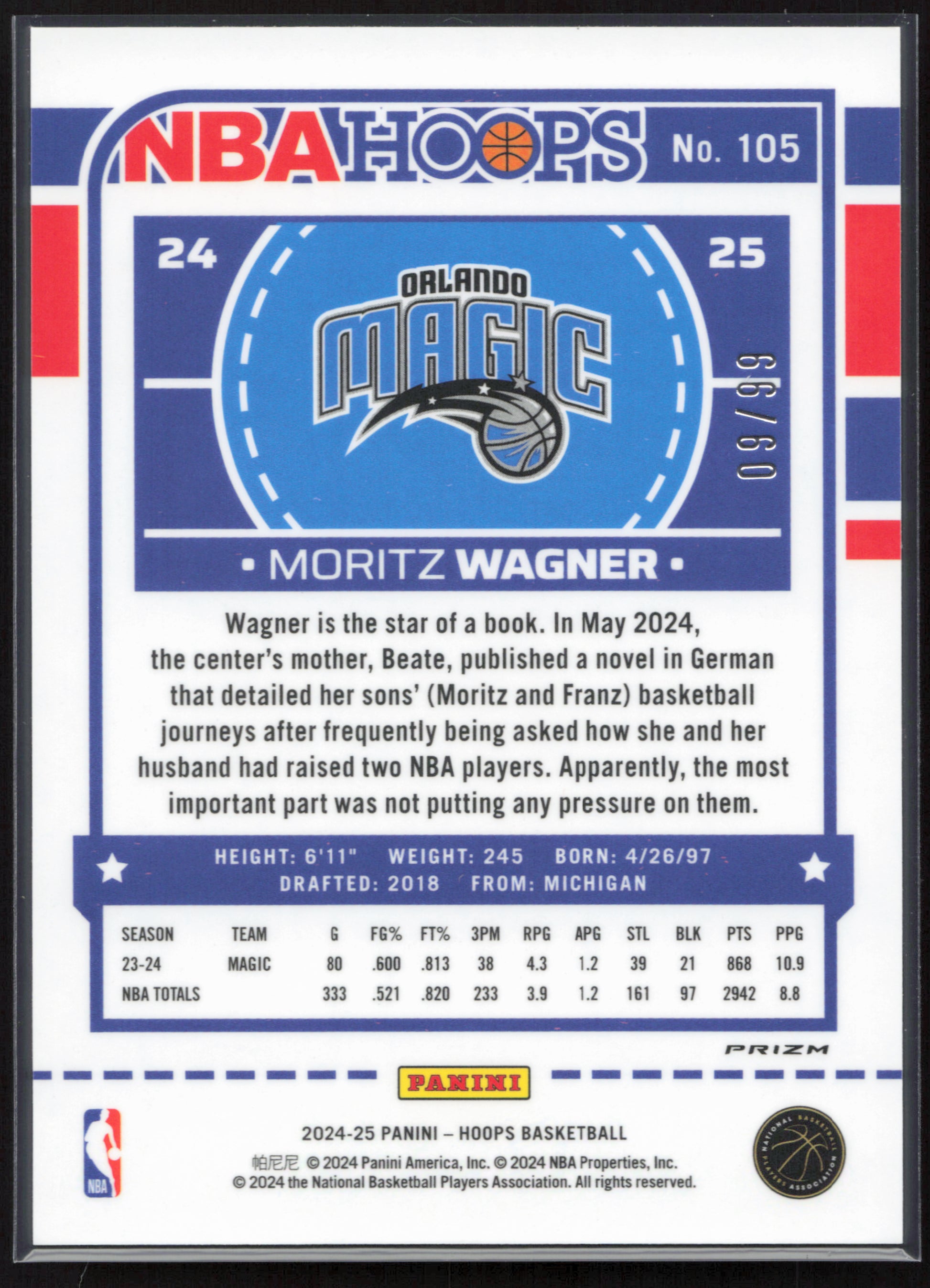 2024-25 Hoops #105 Moritz Wagner Premium Prizms Red #/99