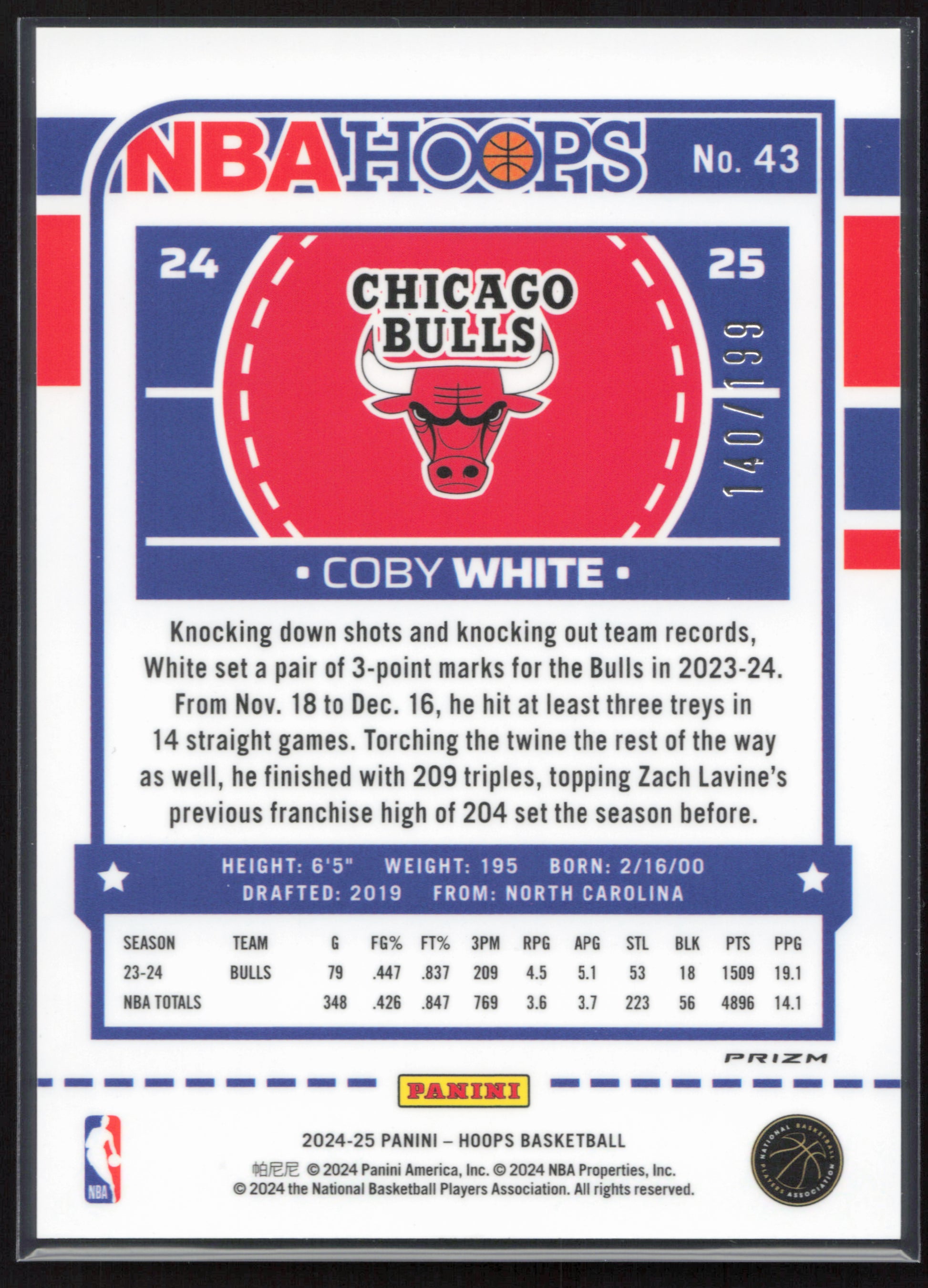 2024-25 Hoops #43 Coby White Premium Prizms Orange #/199