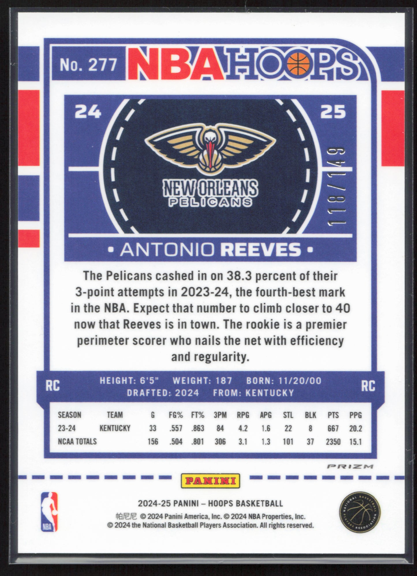 2024-25 Hoops #277 Antonio Reeves Premium Prizms Lime Green #/149