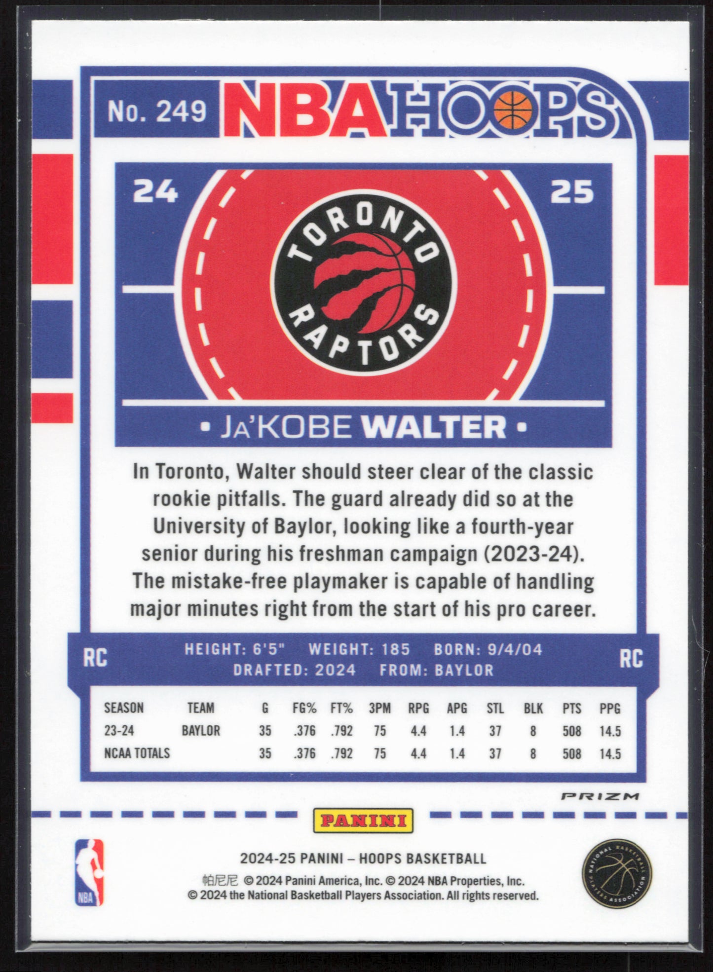2024-25 Hoops #249 Ja'Kobe Walter Premium Prizms Silver