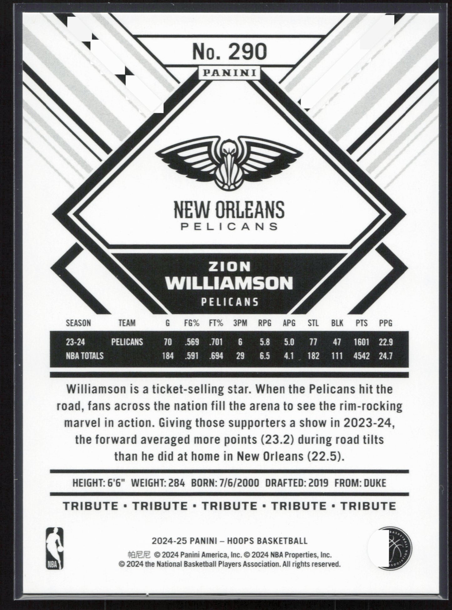 2024-25 Hoops #290 Zion Williamson Silver #/199