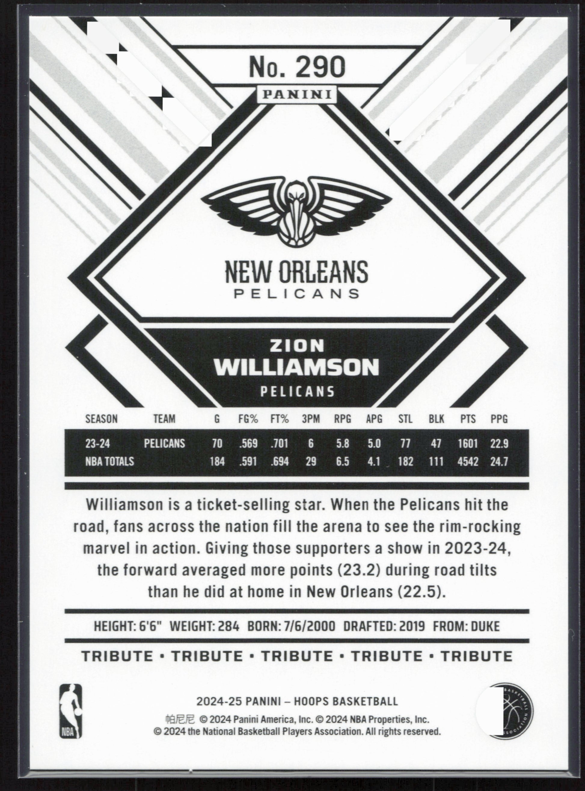 2024-25 Hoops #290 Zion Williamson Silver #/199