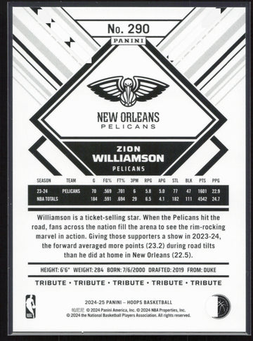 
2024-25 Hoops #290 Zion Williamson Silver #/199