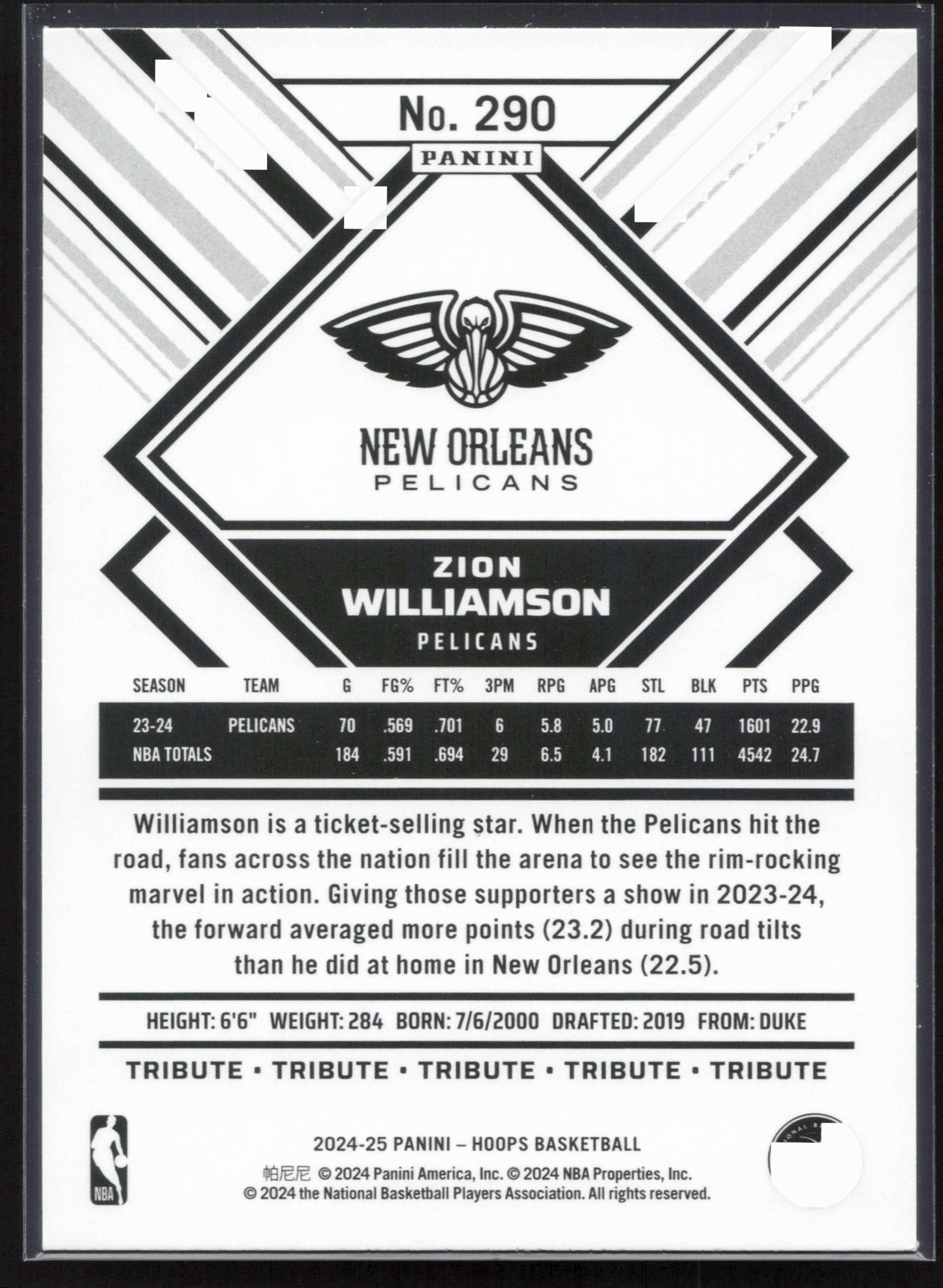 2024-25 Hoops #290 Zion Williamson