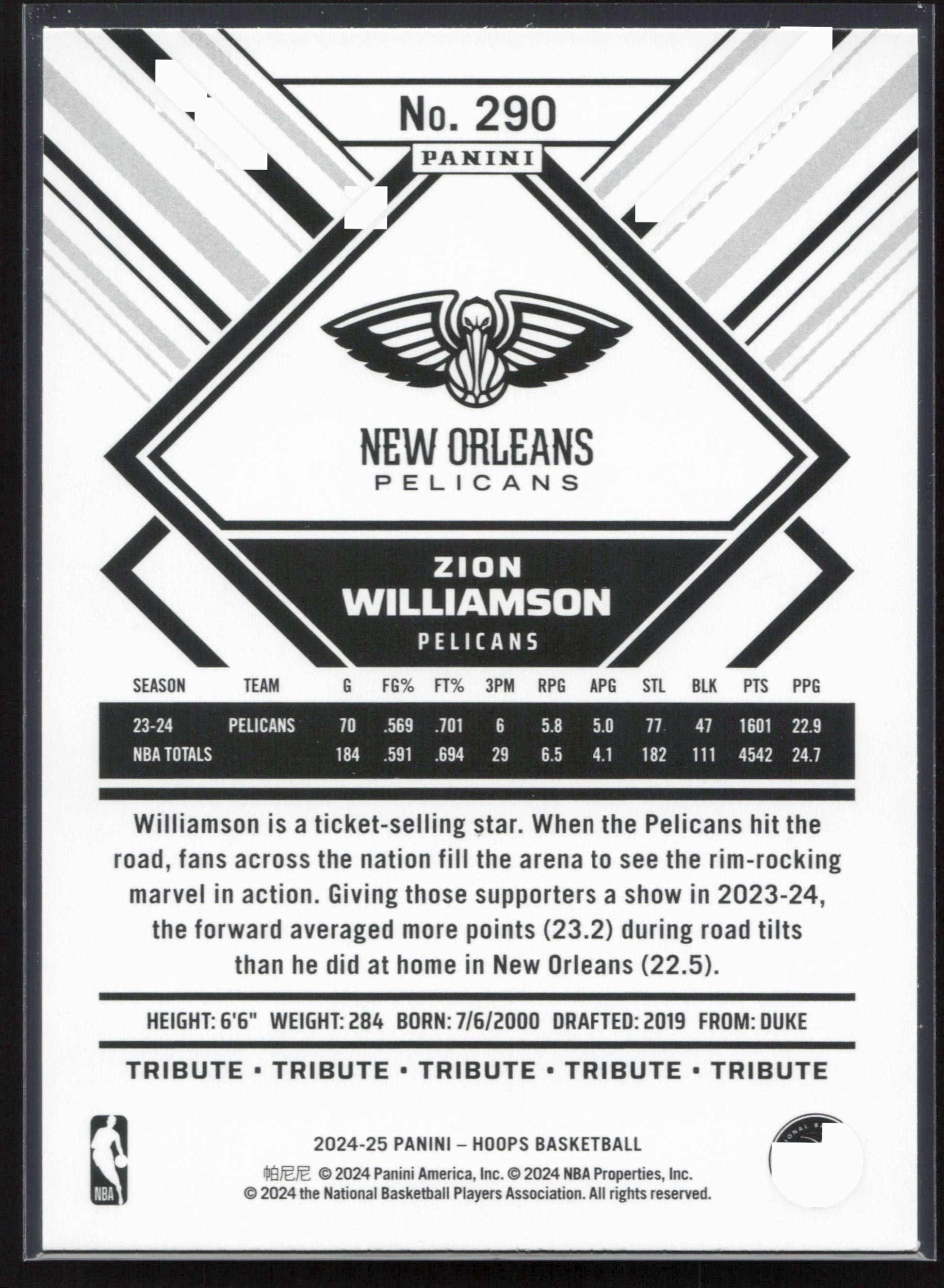 2024-25 Hoops #290 Zion Williamson
