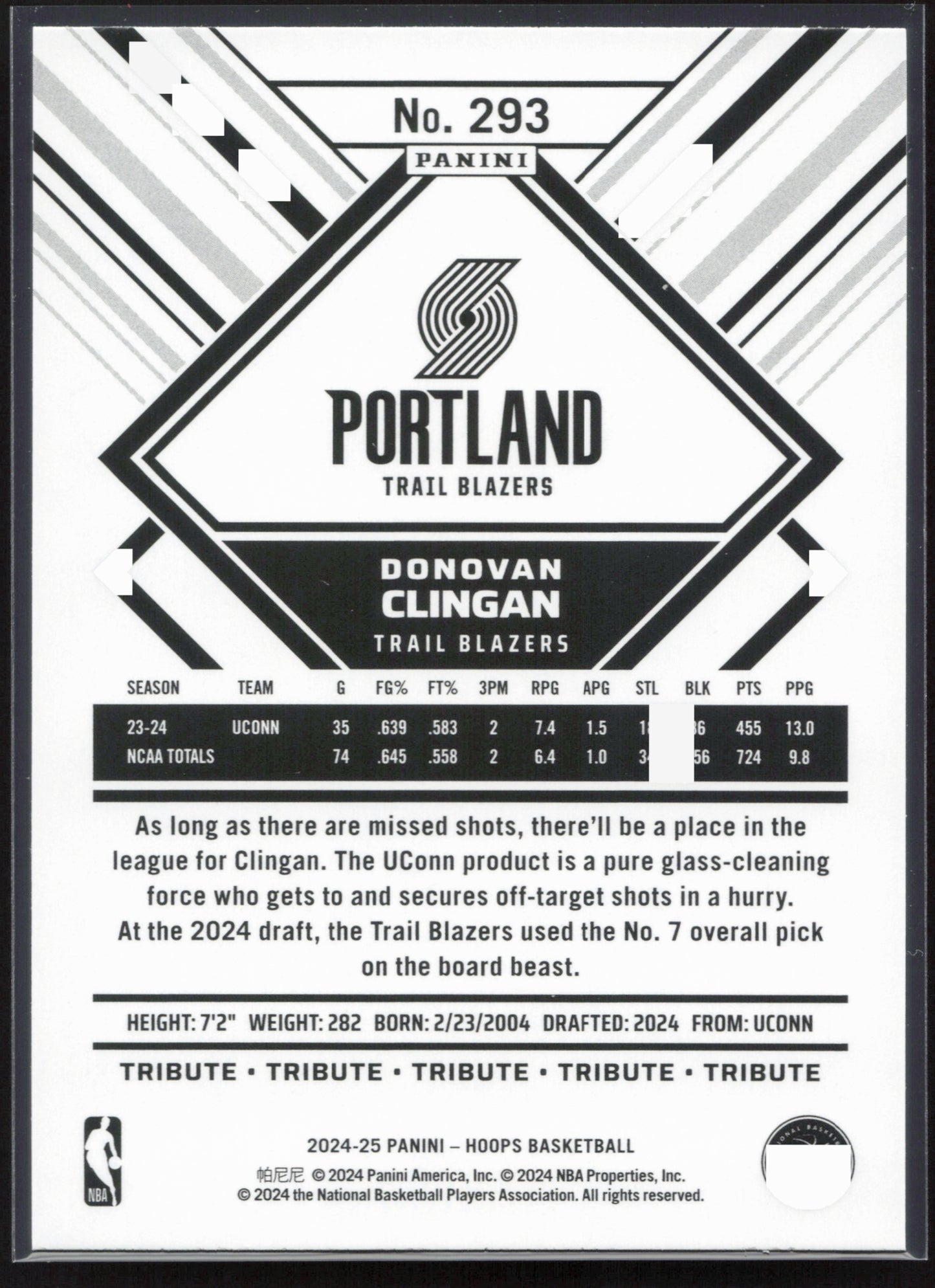 2024-25 Hoops #293 Donovan Clingan NM