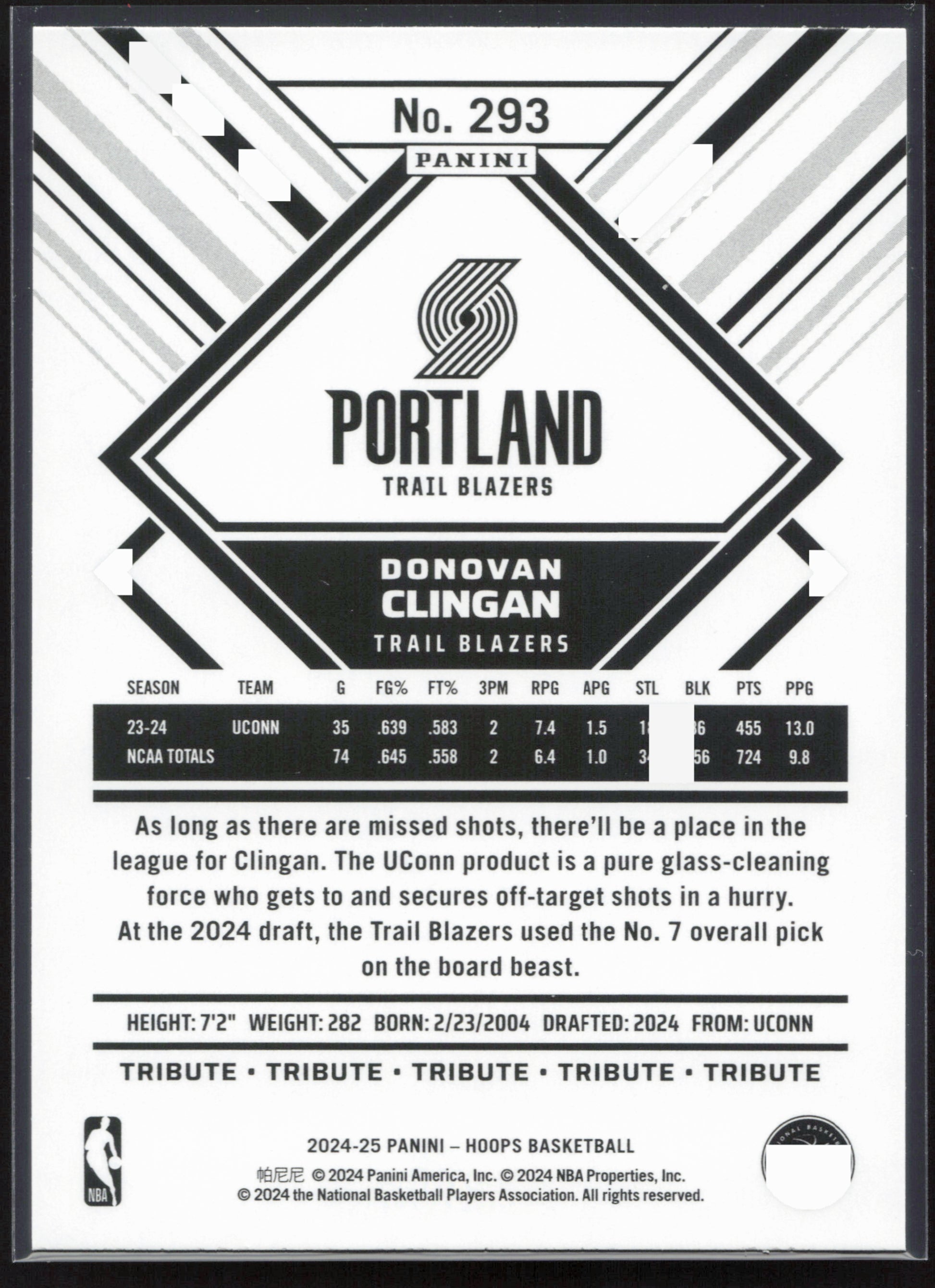 2024-25 Hoops #293 Donovan Clingan NM