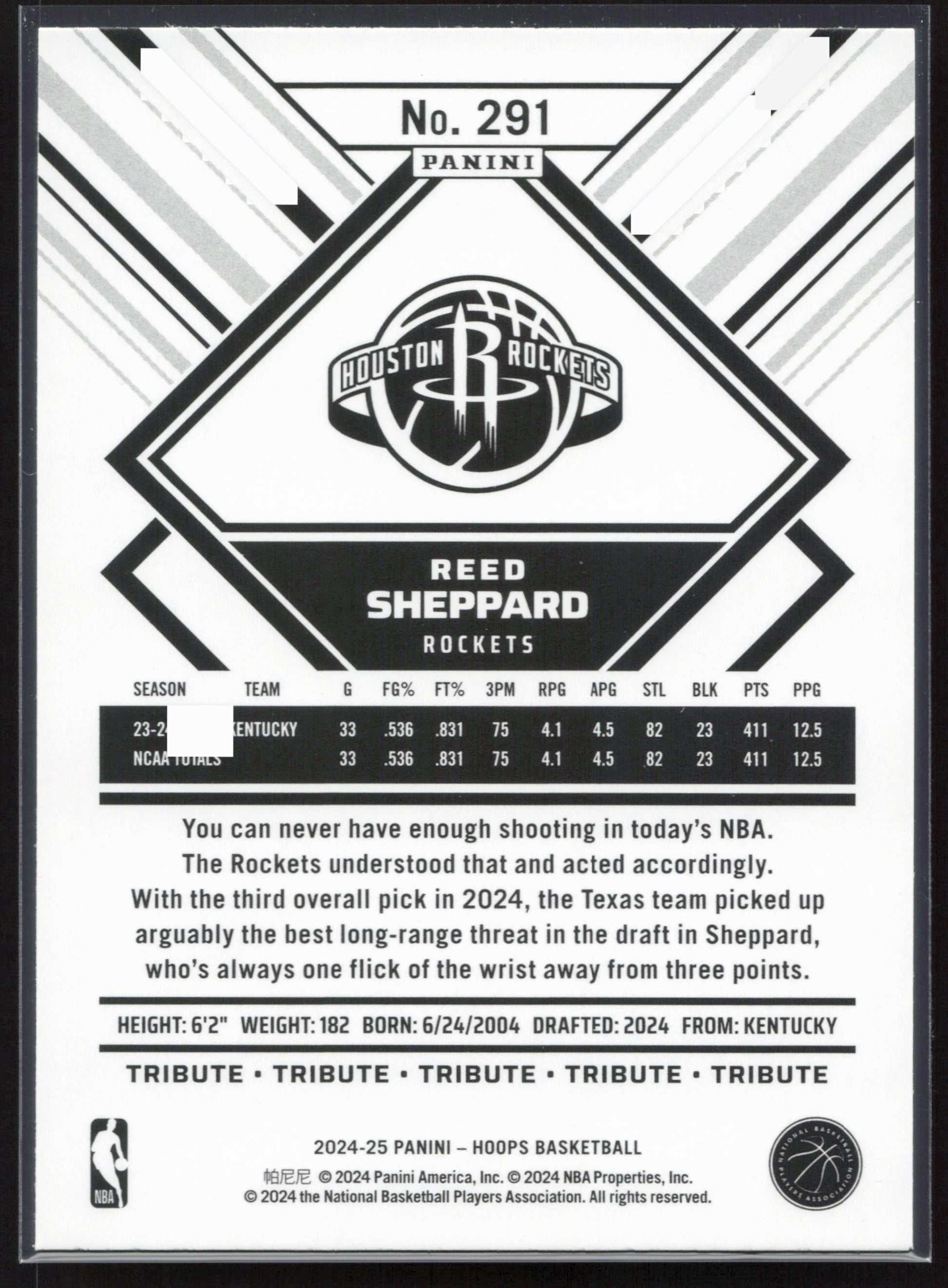 2024-25 Hoops #291 Reed Sheppard NM