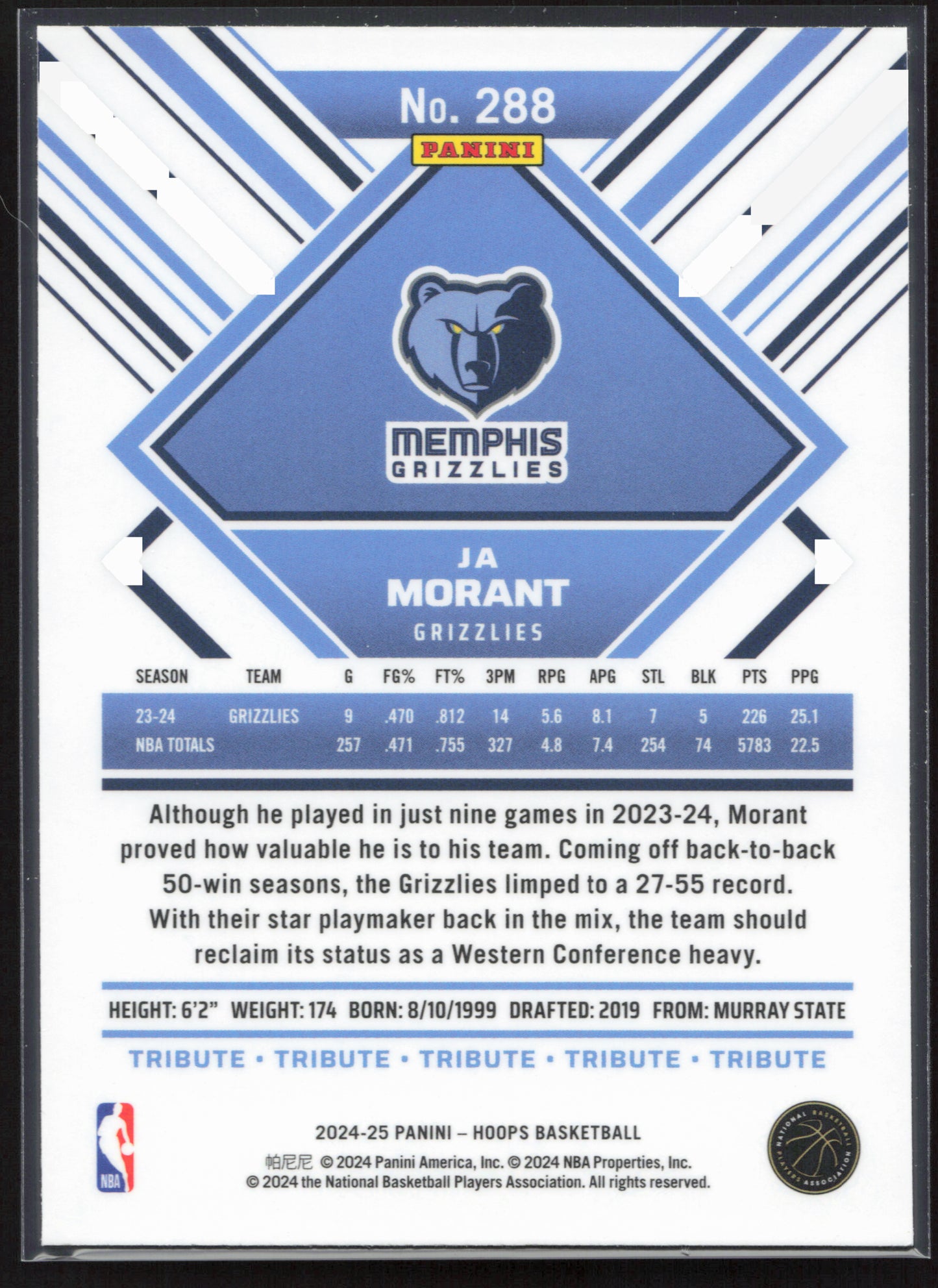 2024-25 Hoops #288 Ja Morant Premium Prizms Silver