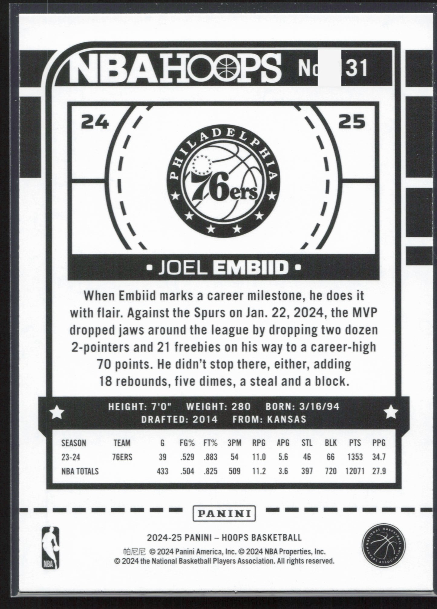 2024-25 Hoops #131 Joel Embiid Texture