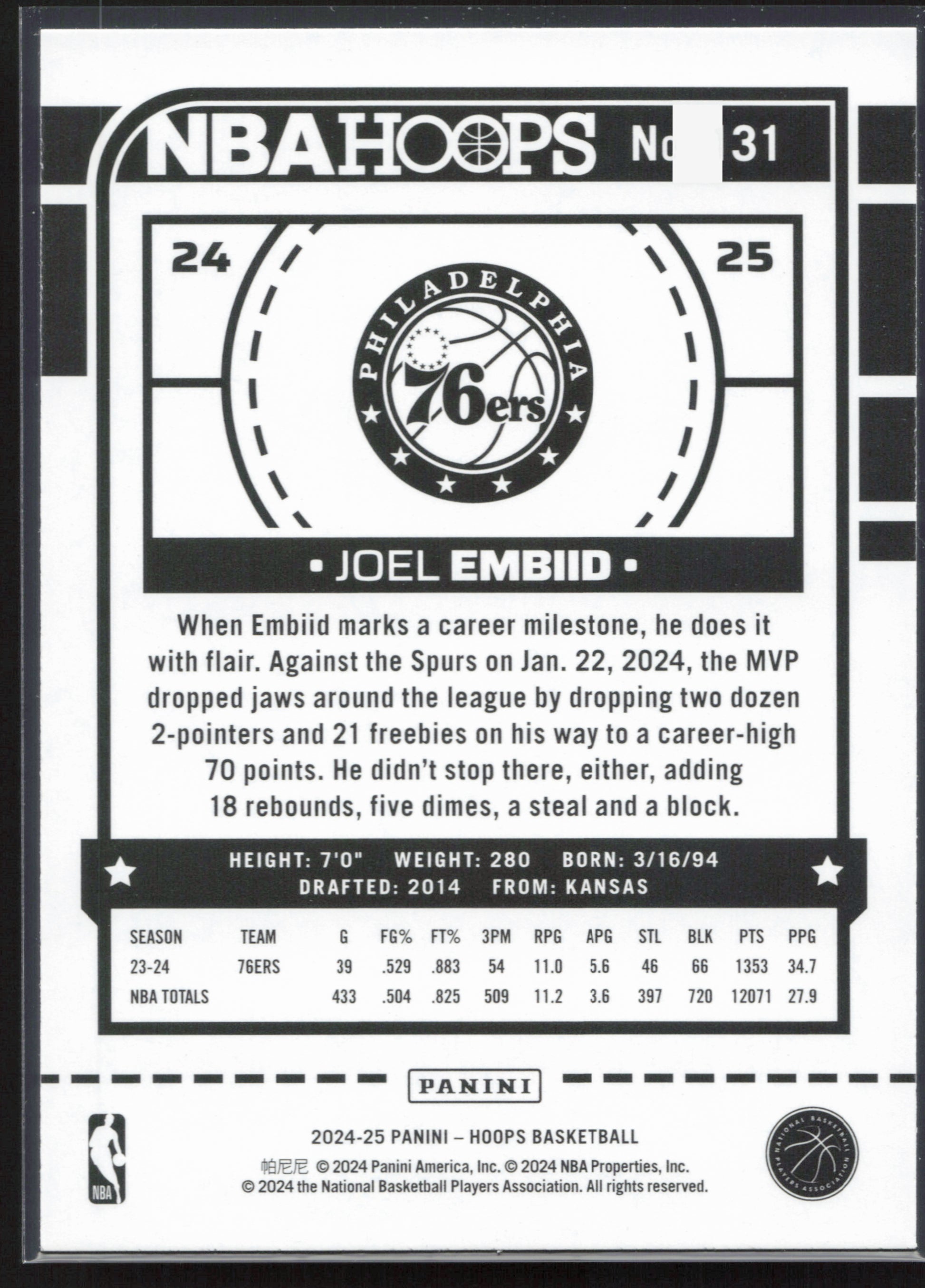2024-25 Hoops #131 Joel Embiid Texture