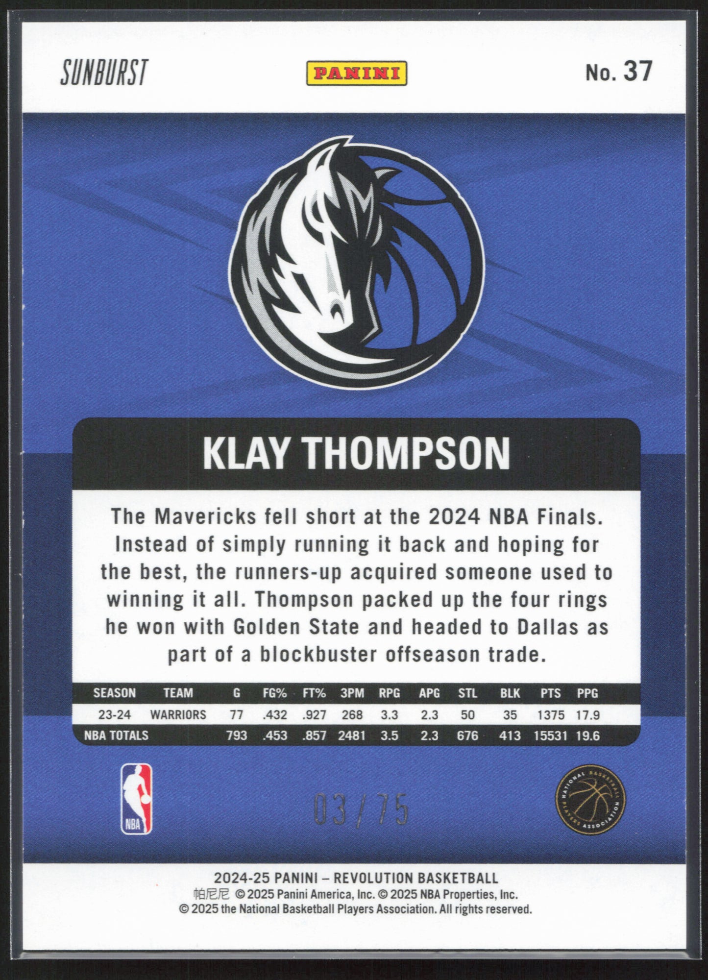 2024-25 Panini Revolution #37 Klay Thompson - Sunburst #/75