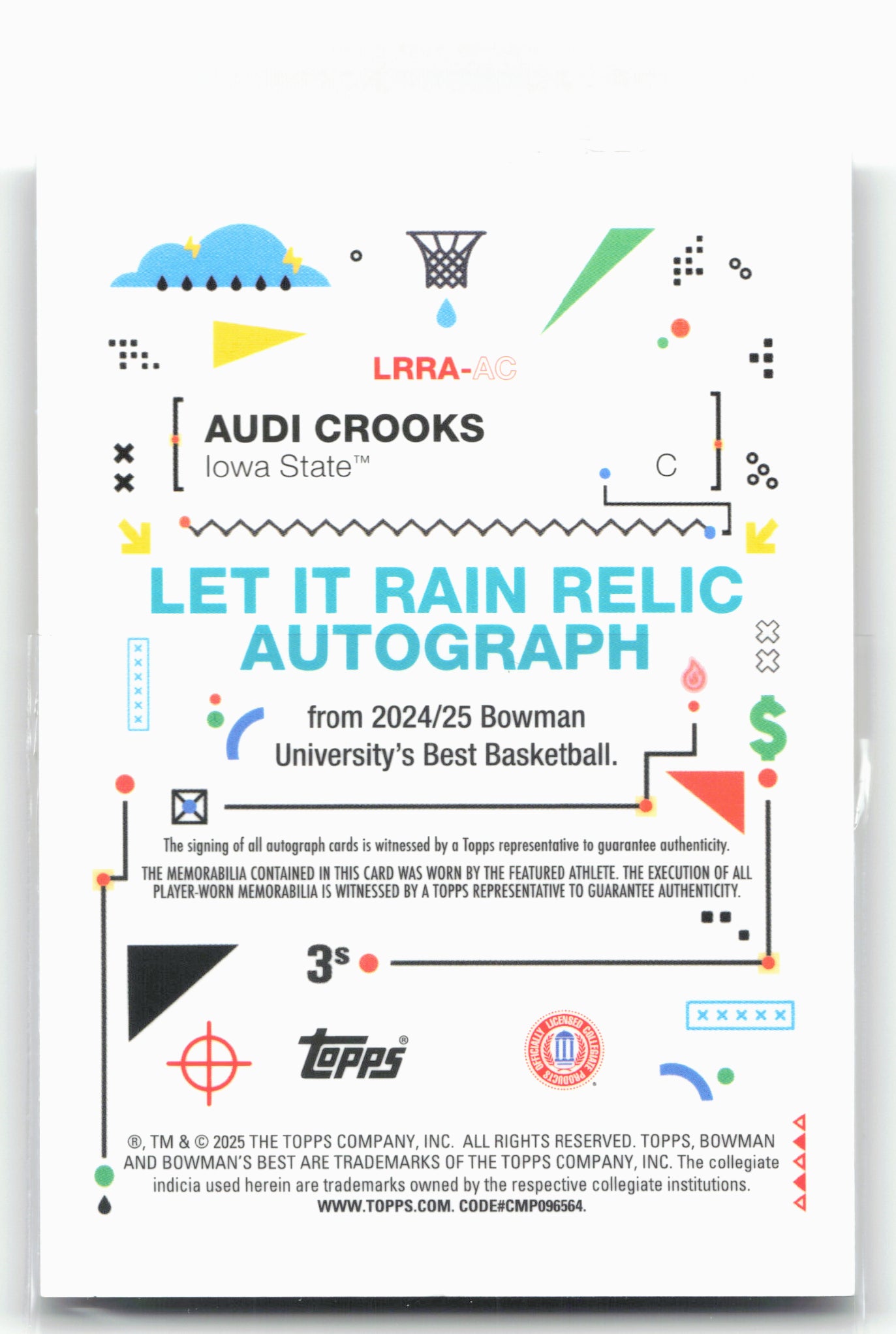 2024-25 Bowman's Best #LRRA-AC Audi Crooks Rain Relic Autographs Yellow Lazer