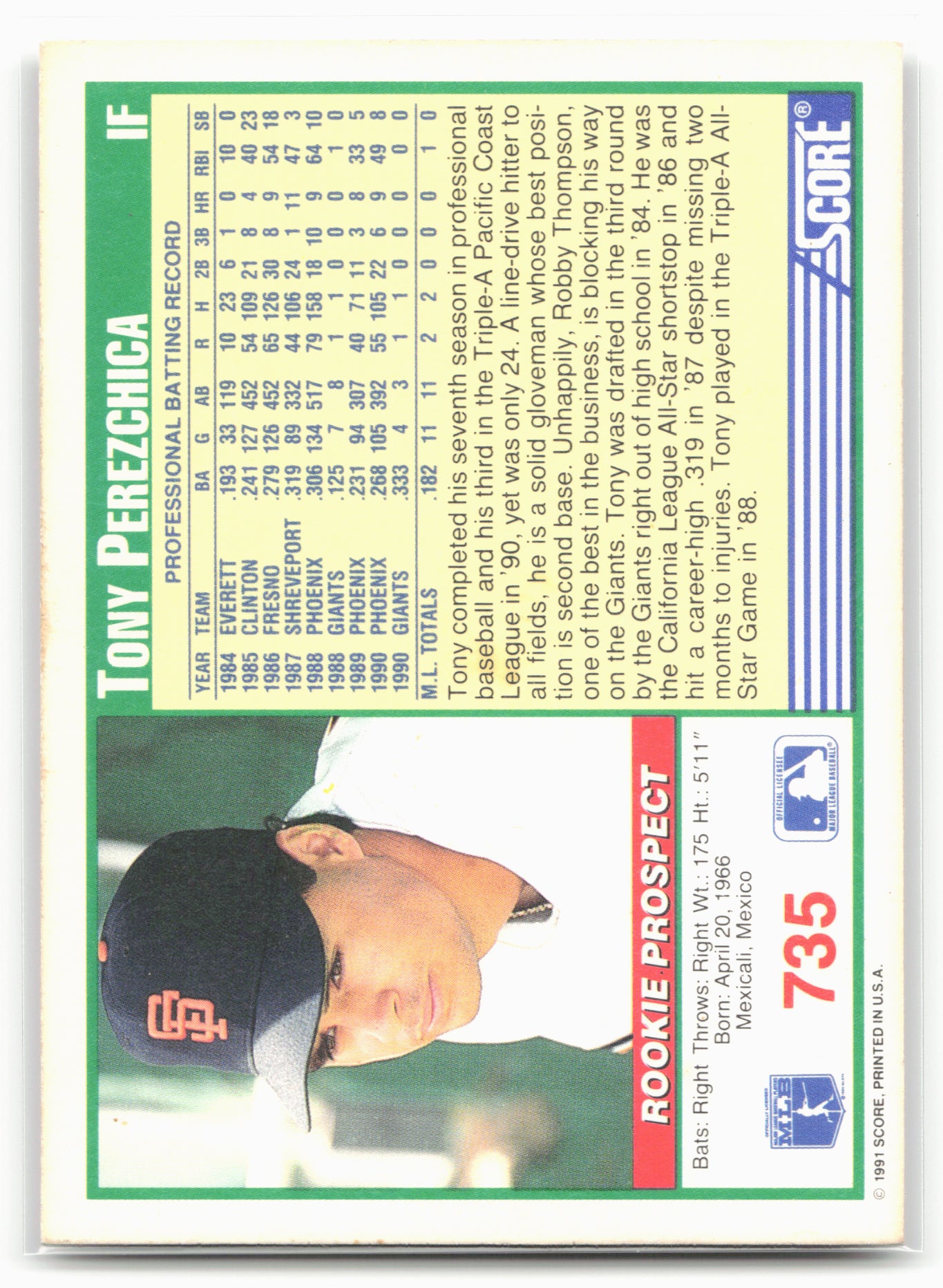 1991 Score #735 Tony Perezchica NM