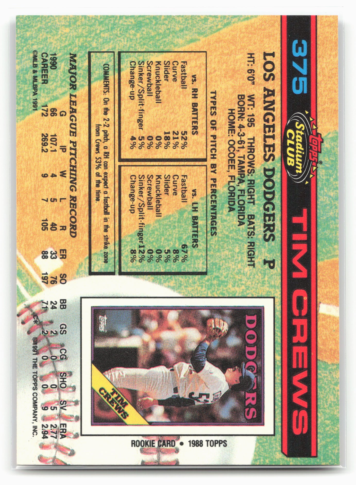 1991 Stadium Club #375a Tim Crews