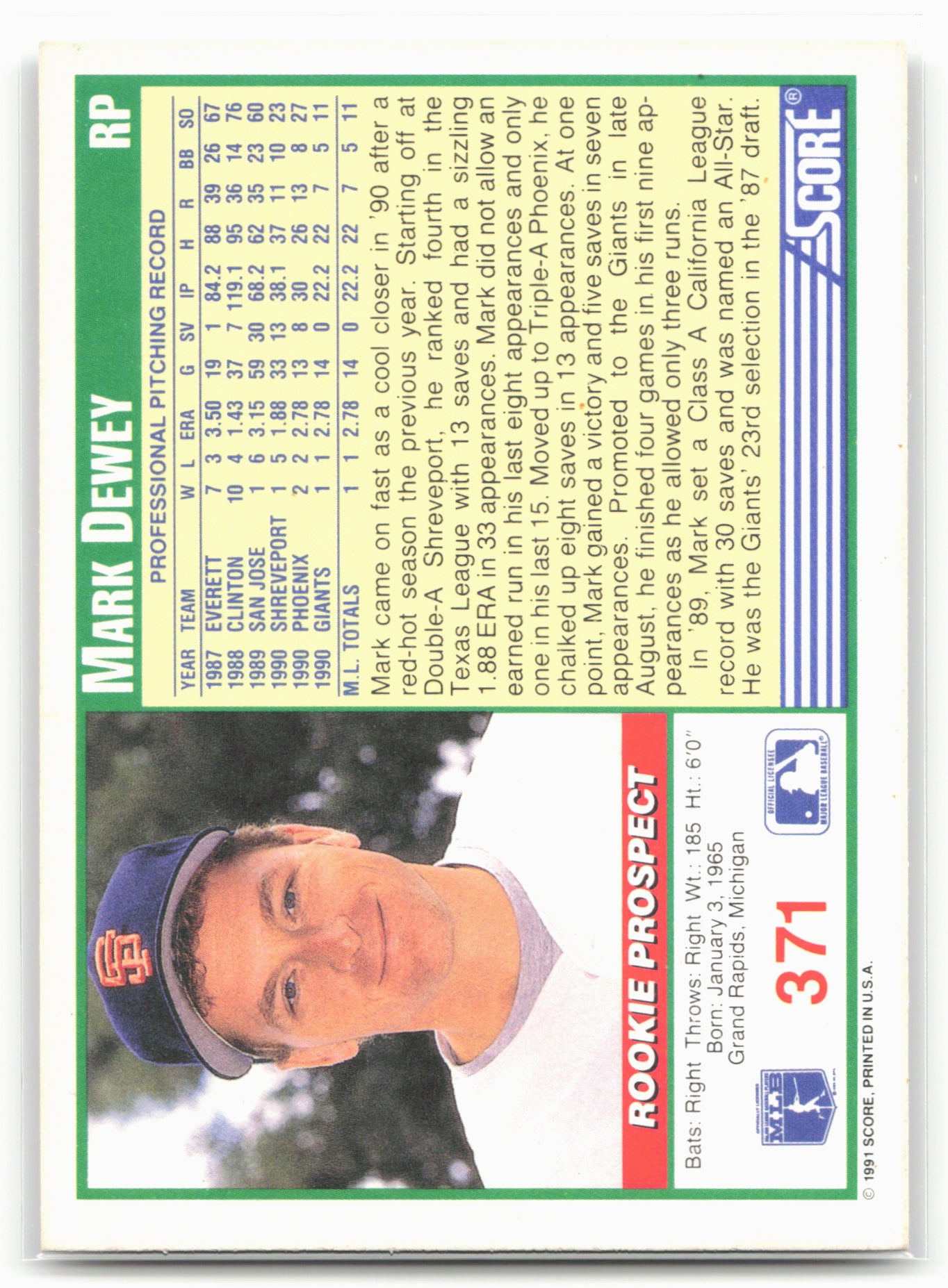 1991 Score #371 Mark Dewey
