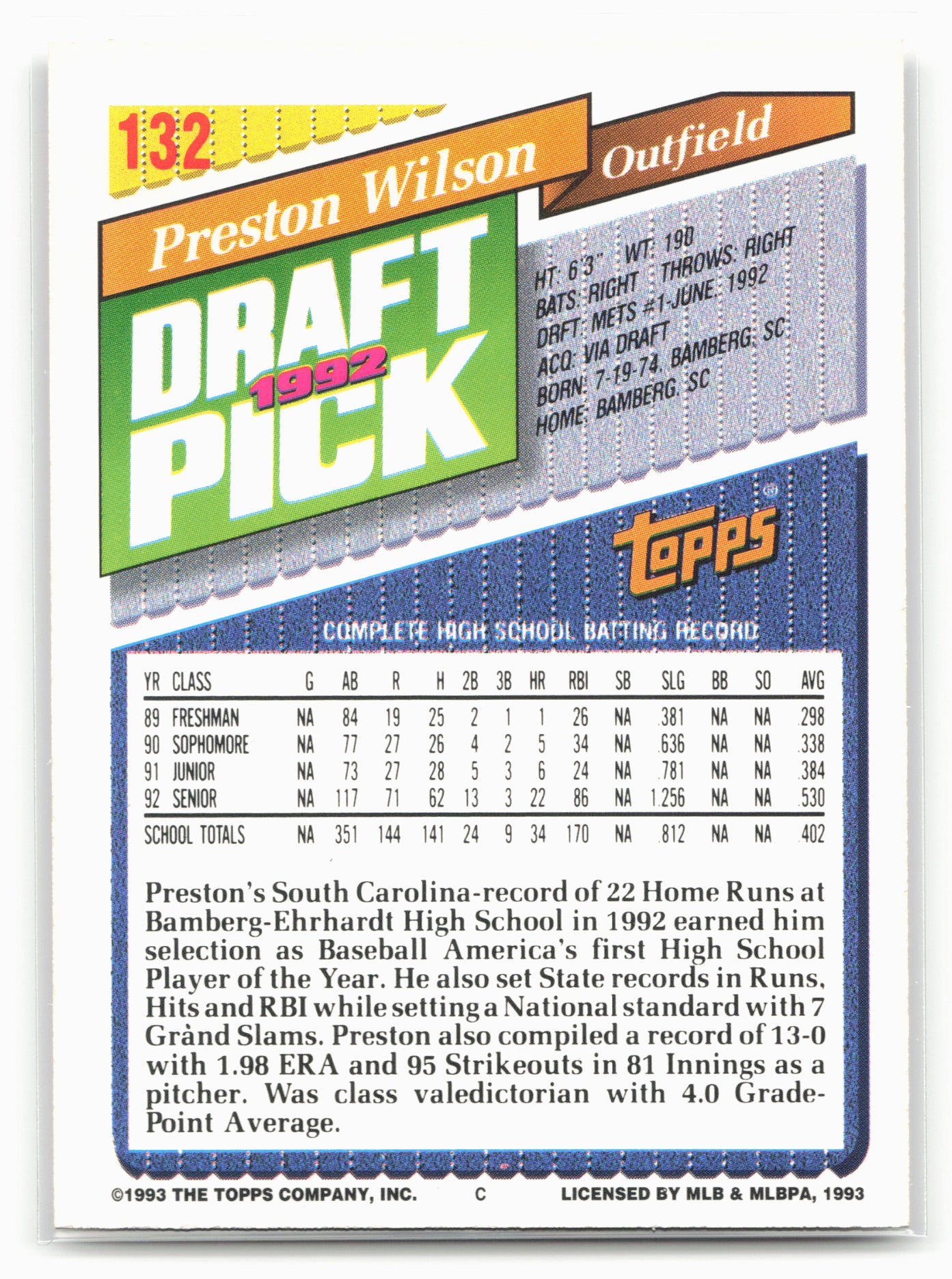 1993 Topps #132 Preston Wilson Inaugural Rockies