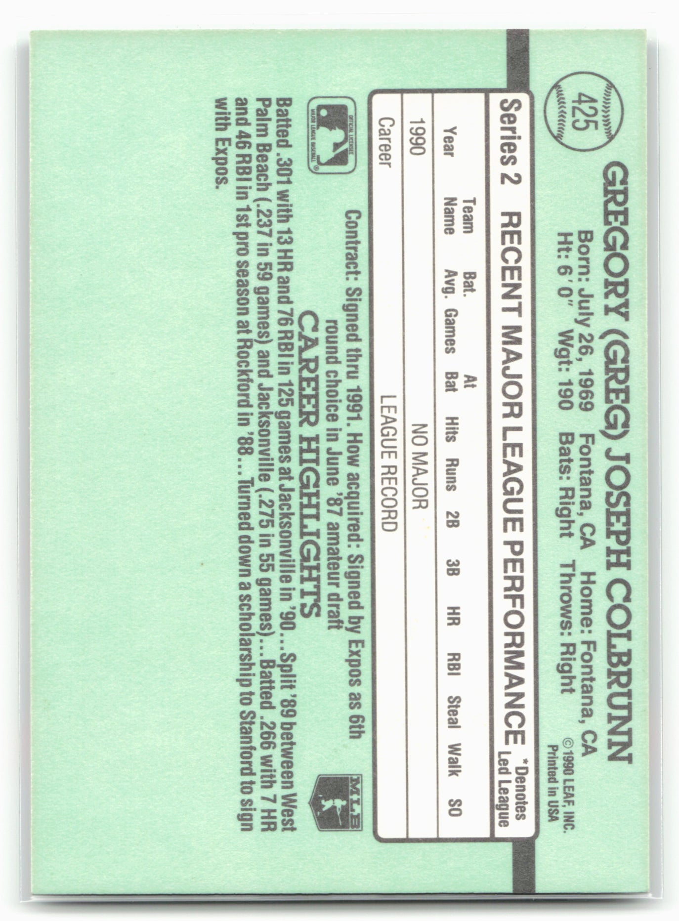 1991 Donruss #425b Greg Colbrunn