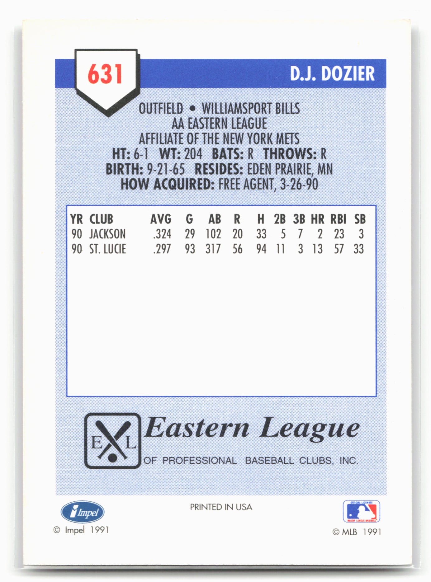 1991 Line Drive AA #631 D.J. Dozier