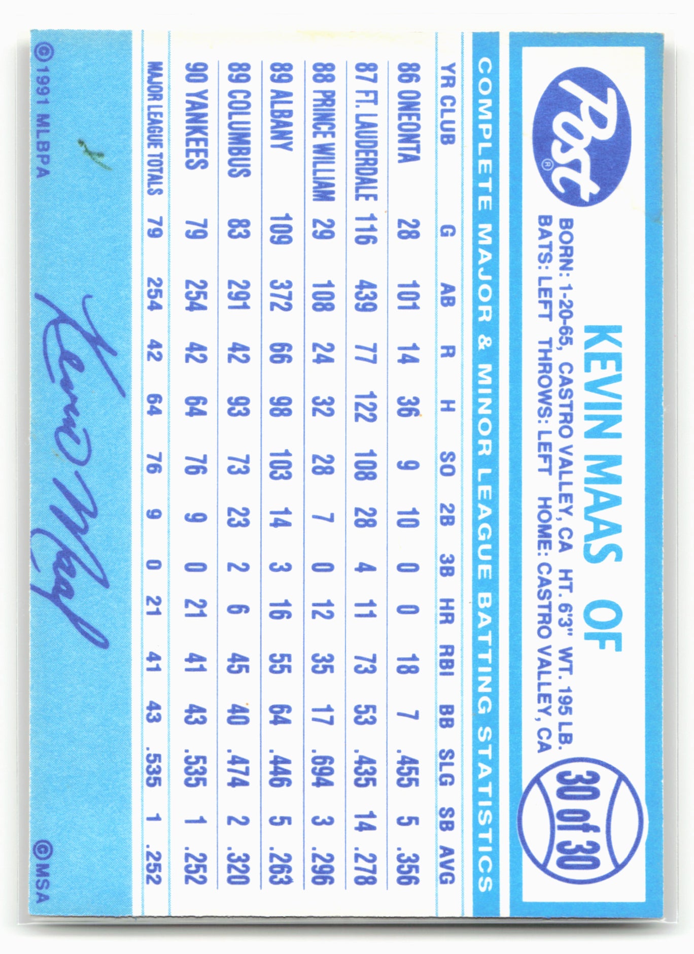 1991 Post Cereal #30 Kevin Maas