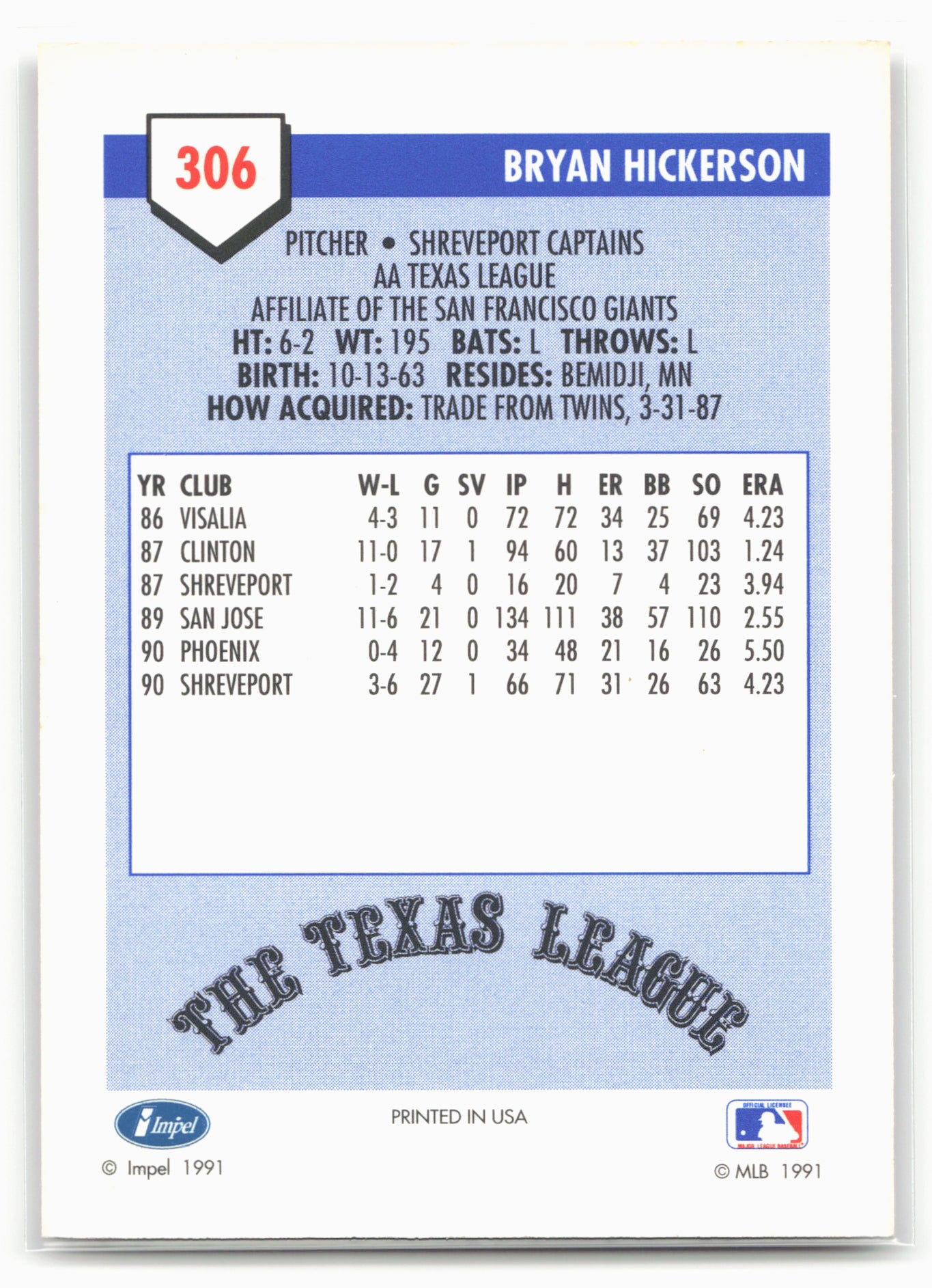 1991 Line Drive AA #306 Bryan Hickerson