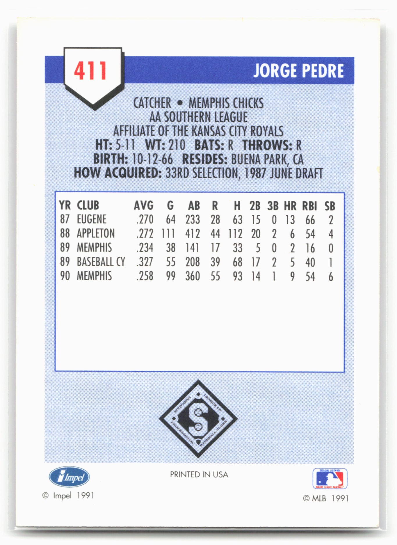 1991 Line Drive AA #411 Jorge Pedre