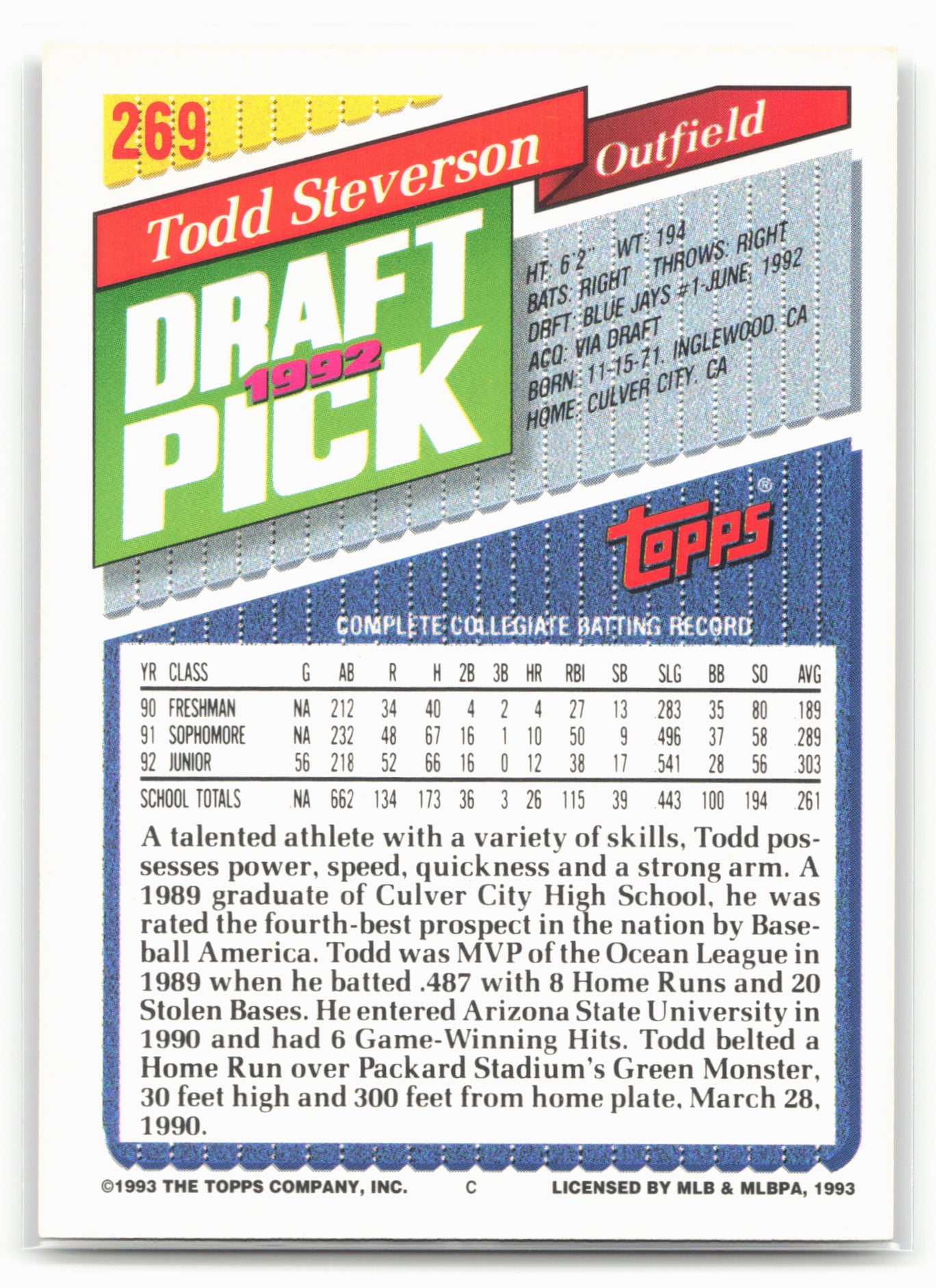 1993 Topps #269 Todd Steverson Gold