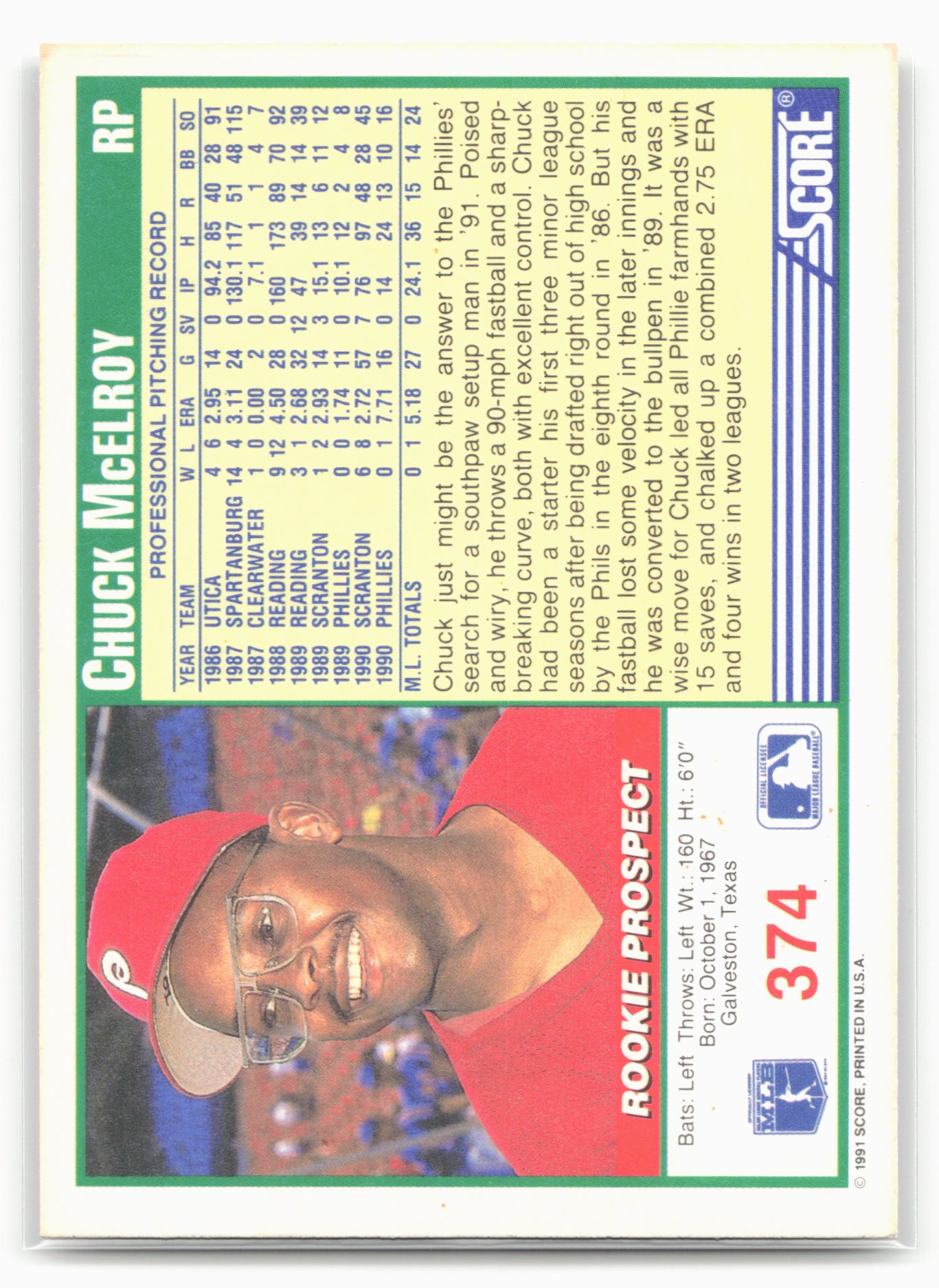 1991 Score #374 Chuck McElroy