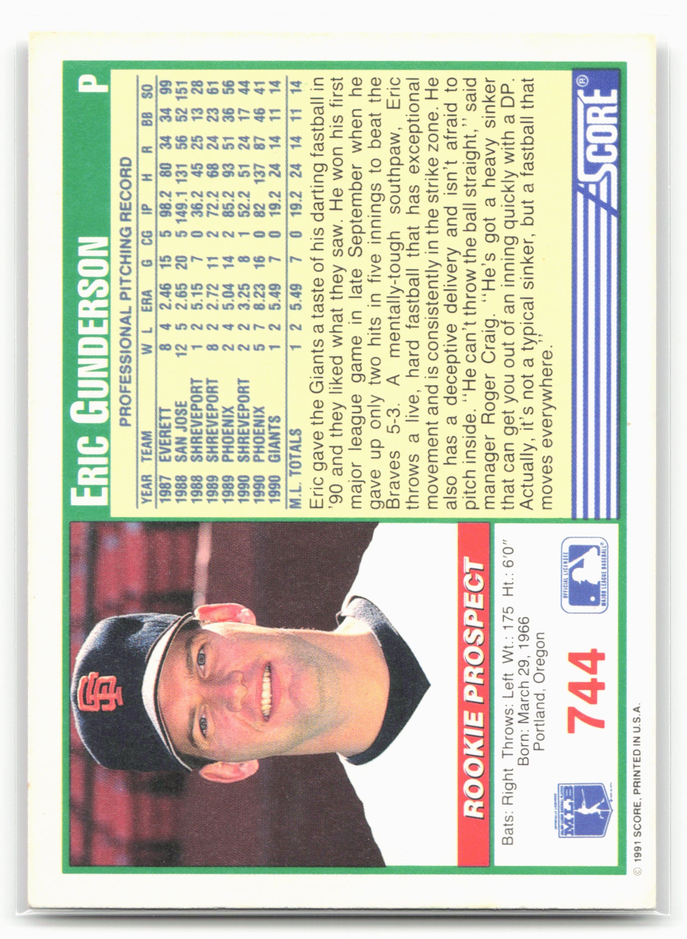 1991 Score #744 Eric Gunderson