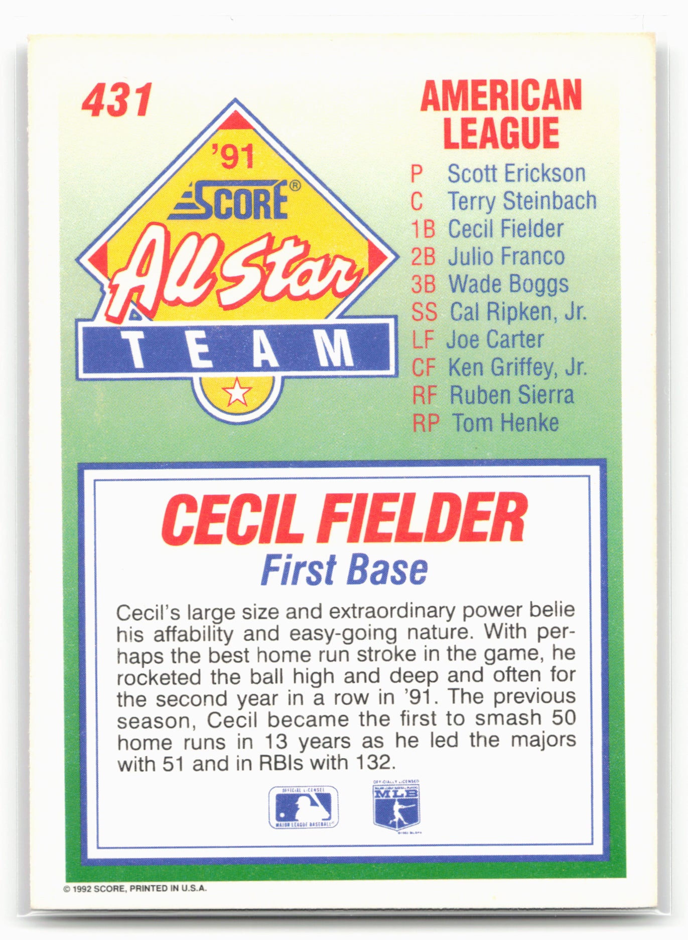 1992 Score #431 Cecil Fielder
