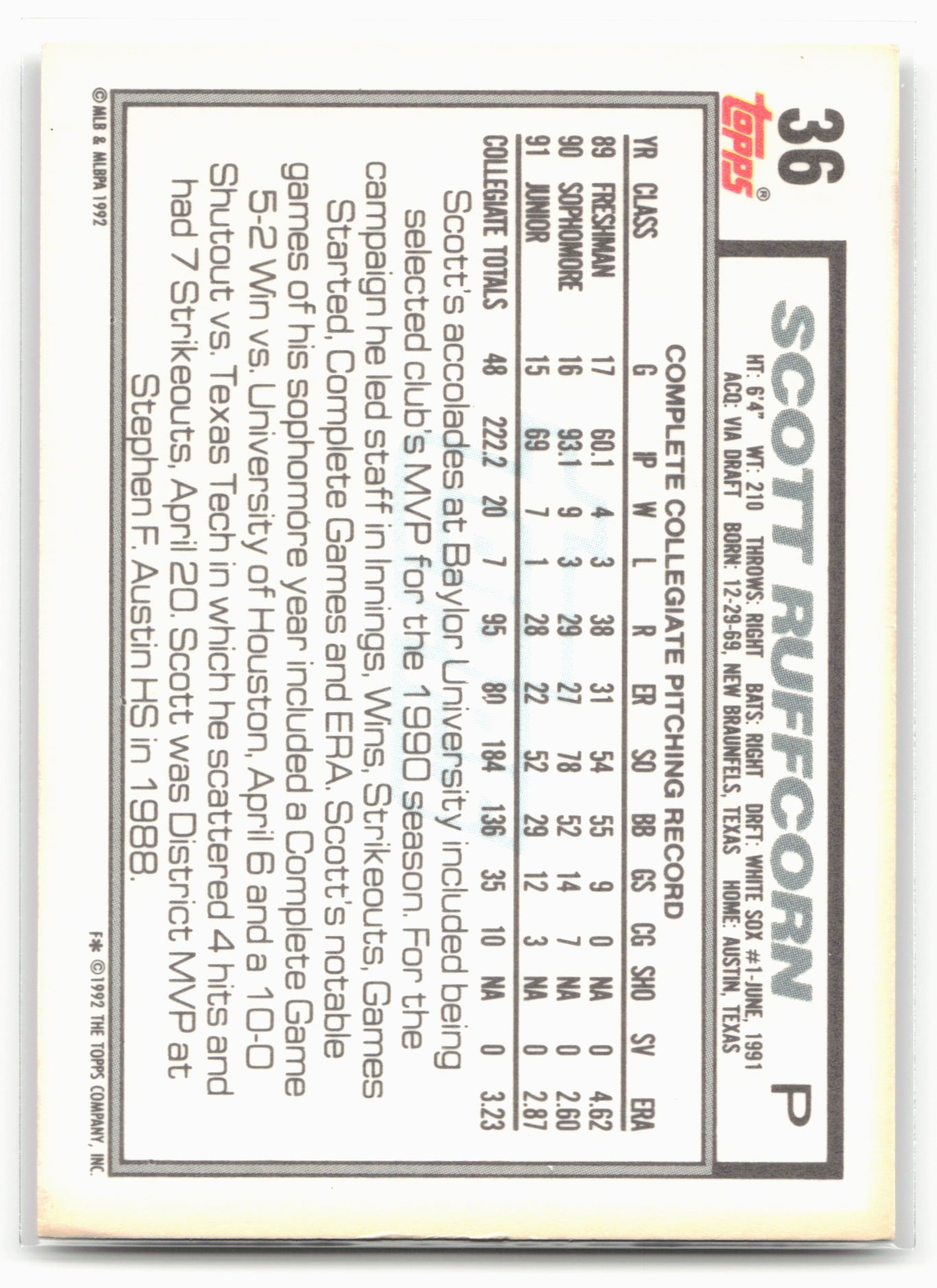 1992 Topps #36 Scott Ruffcorn
