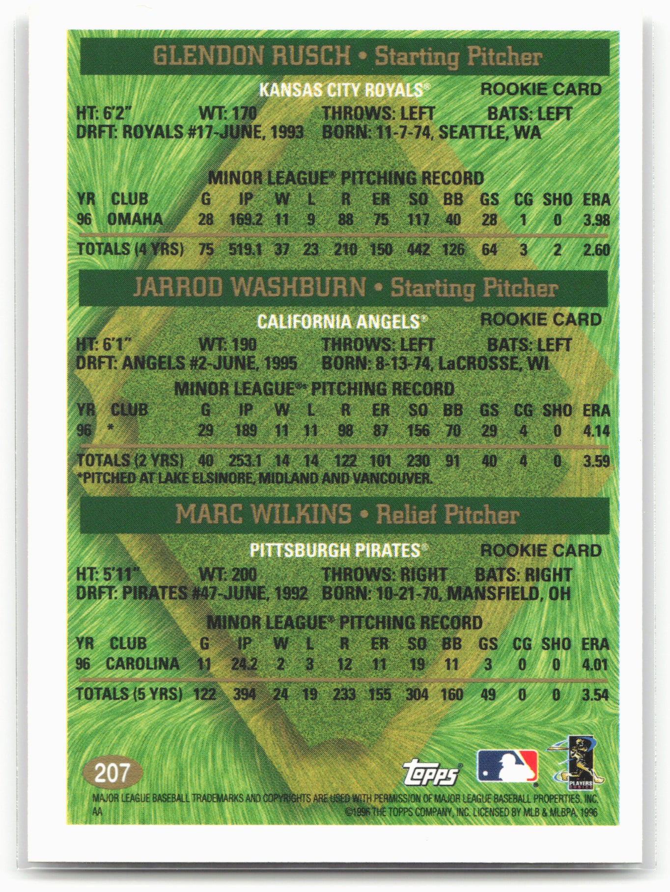 1997 Topps #207 Glendon Rusch / Jarrod Washburn / Marc Wilkins PROS