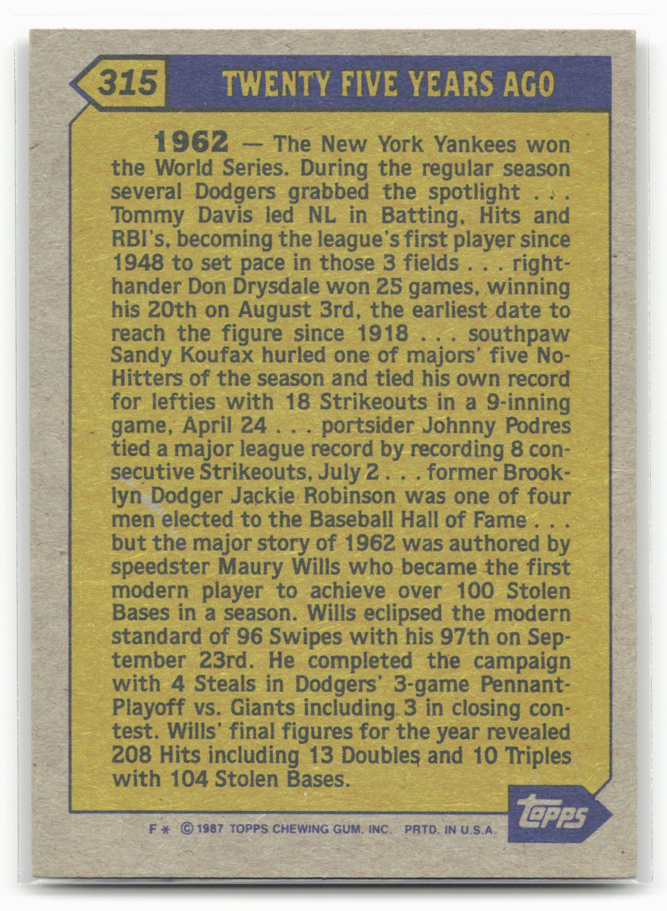 1987 Topps #315 Maury Wills
