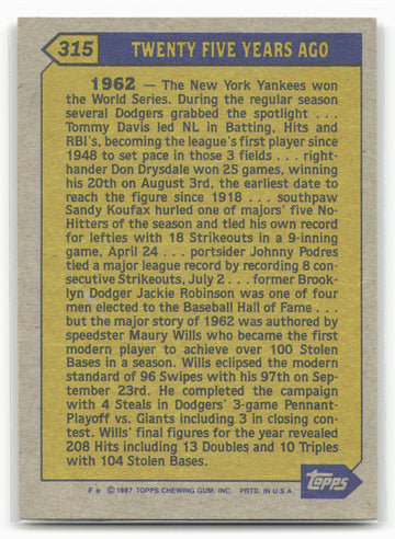 1987 Topps #315 Maury Wills
