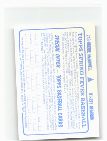 1987 Topps Stickers Hard Back Test Issue #81 243 Jeff Reardon Oddibe McDowell