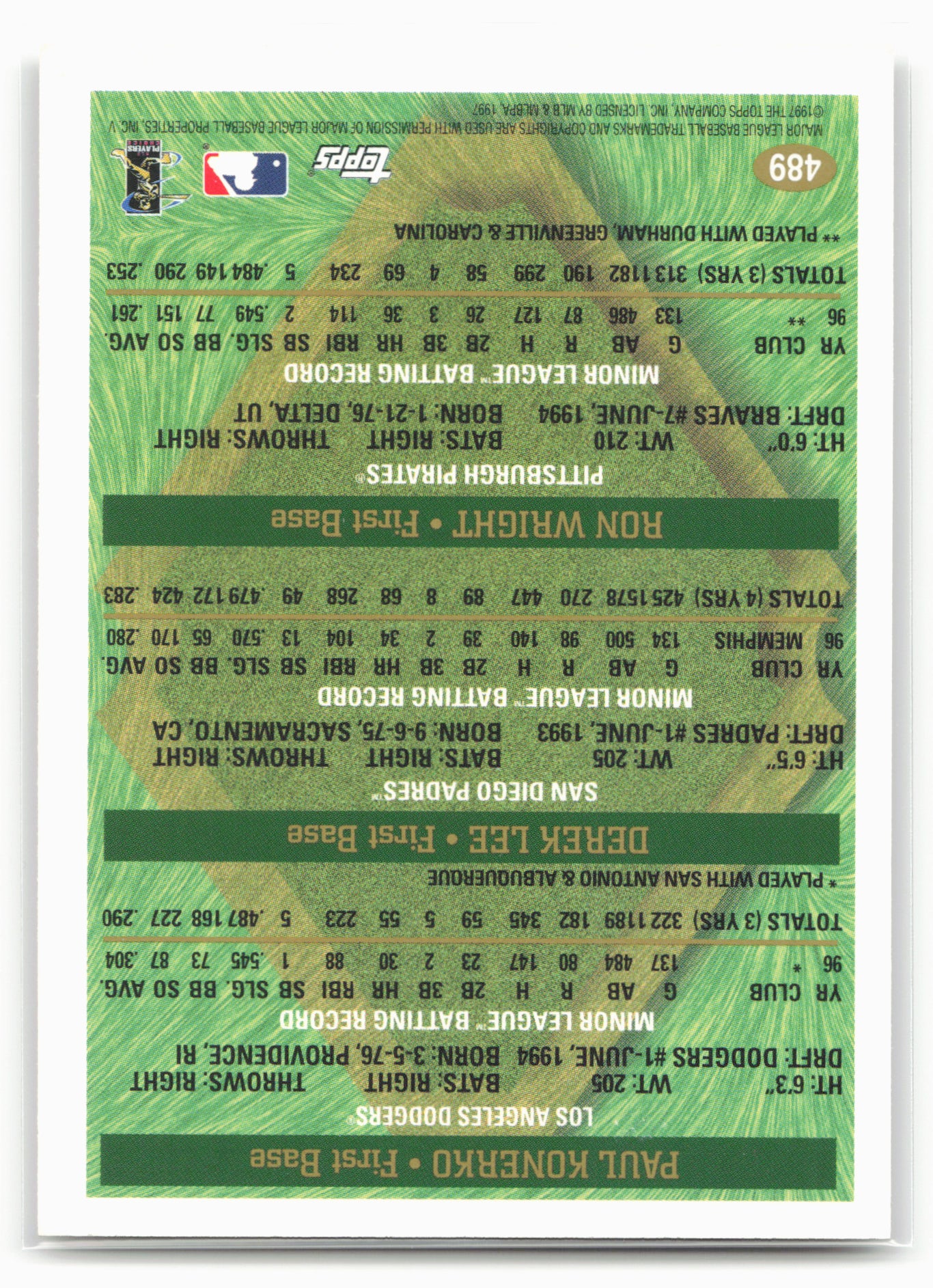 1997 Topps #489 Paul Konerko / Derrek Lee / Ron Wright PROS