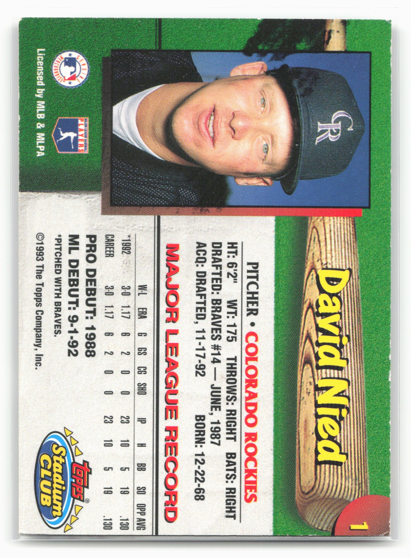 1993 Stadium Club Colorado Rockies #1 David Nied