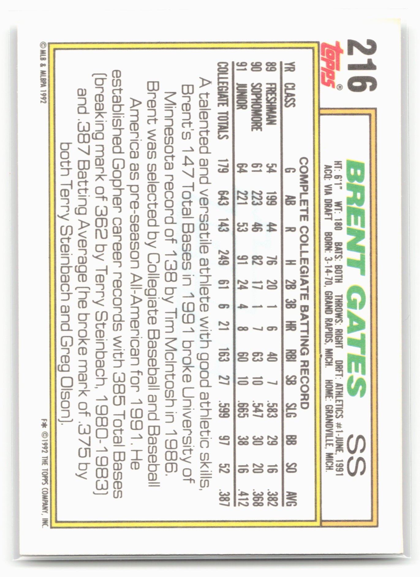 1992 Topps #216 Brent Gates