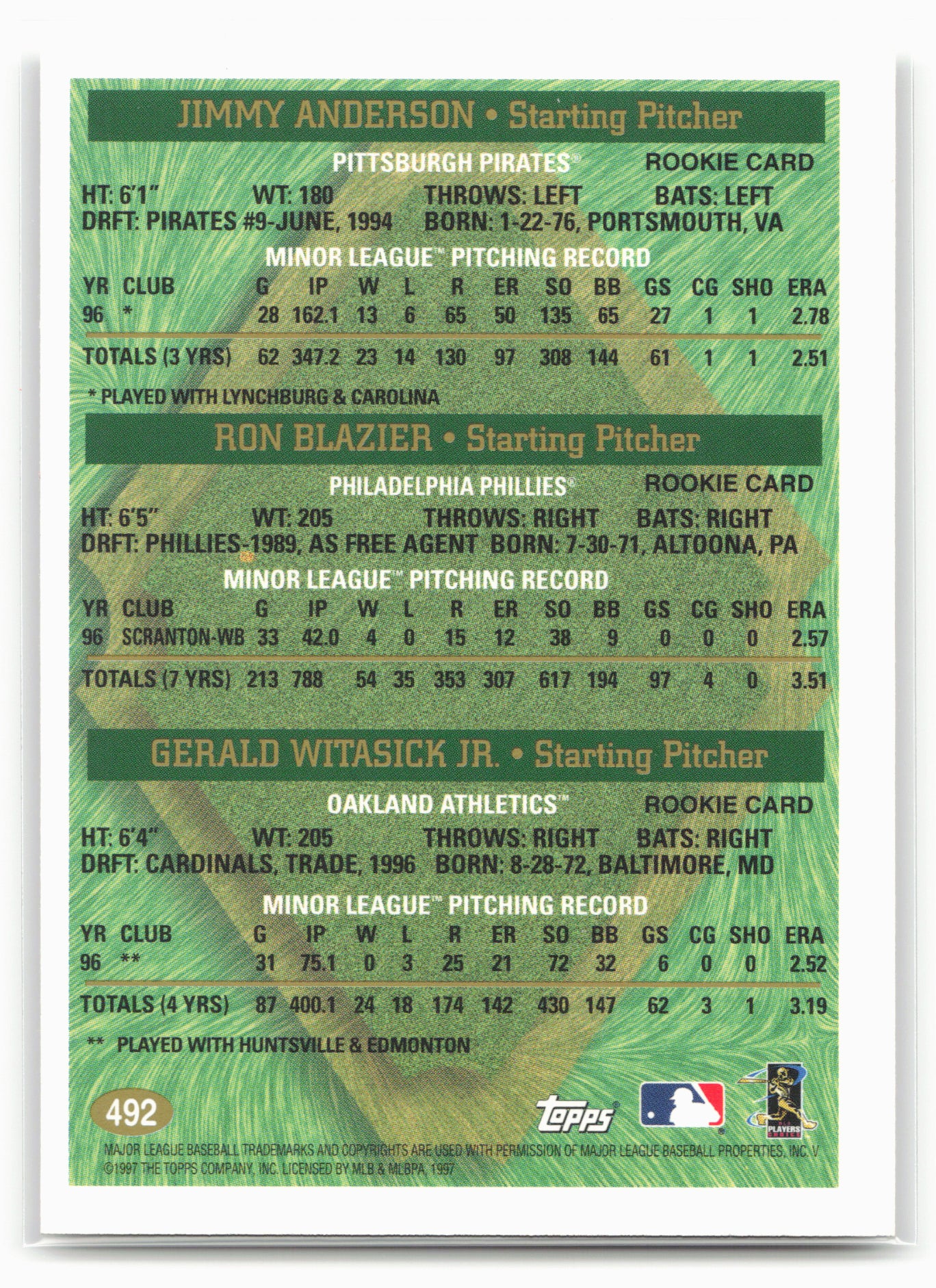 1997 Topps #492 Jimmy Anderson / Ron Blazier / Gerald Witasick Jr. PROS