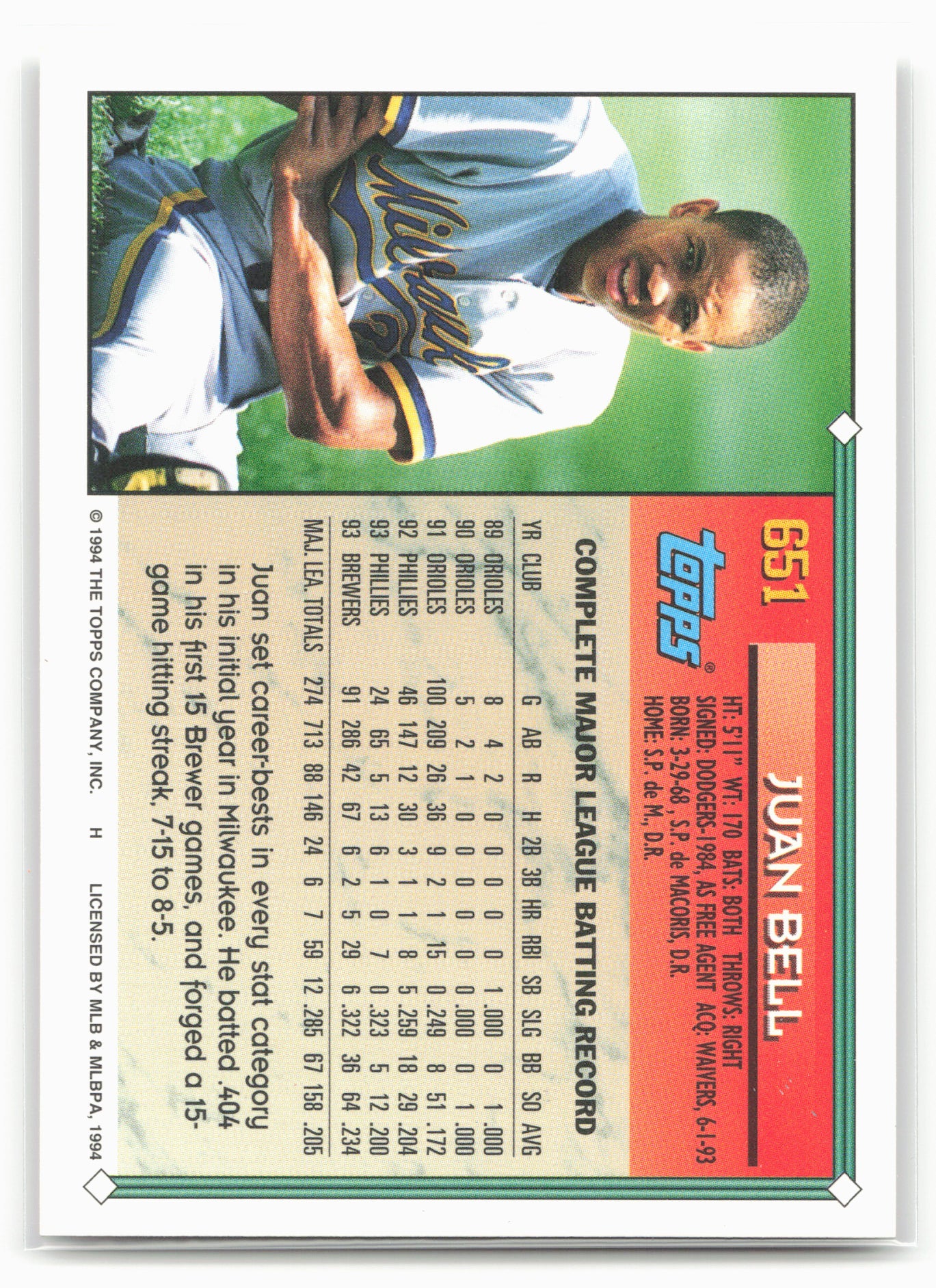 1994 Topps #651 Juan Bell Gold