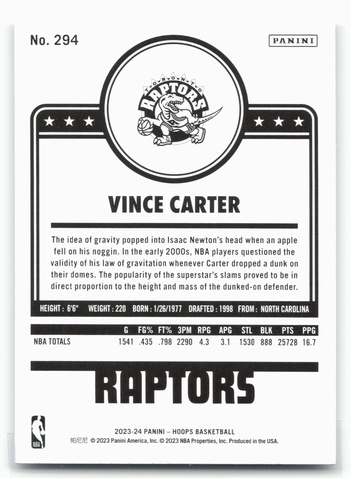 2023-24 Hoops Winter #294 Vince Carter